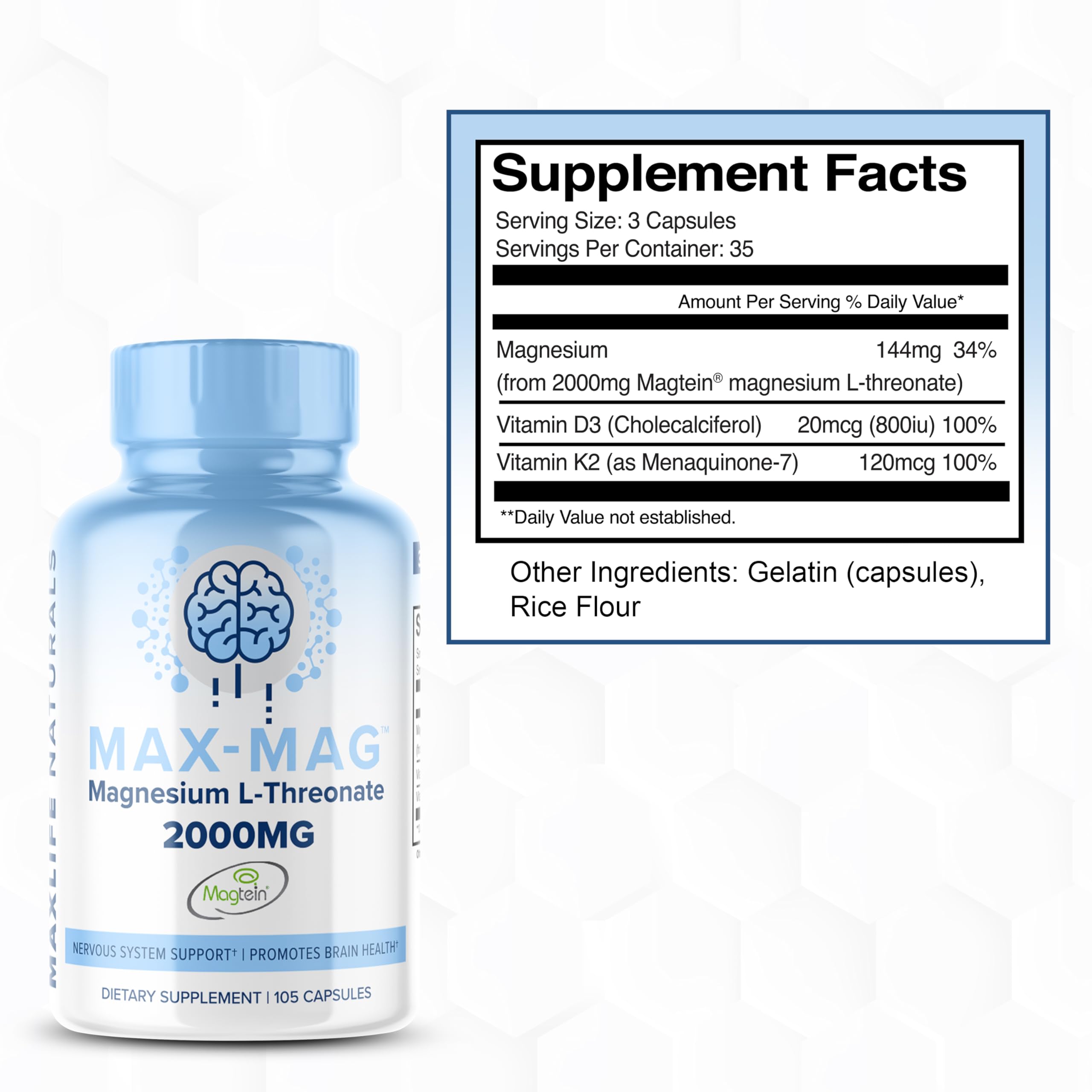 Magtein Magnesium L-Threonate 2000mg - Max-Mag Magtein Magnesium Threonate Supplement with Vitamin D3 and K2 for Brain, Sleep, & Mood - 105 Easy to Swallow Magnesium L-Threonate Capsules