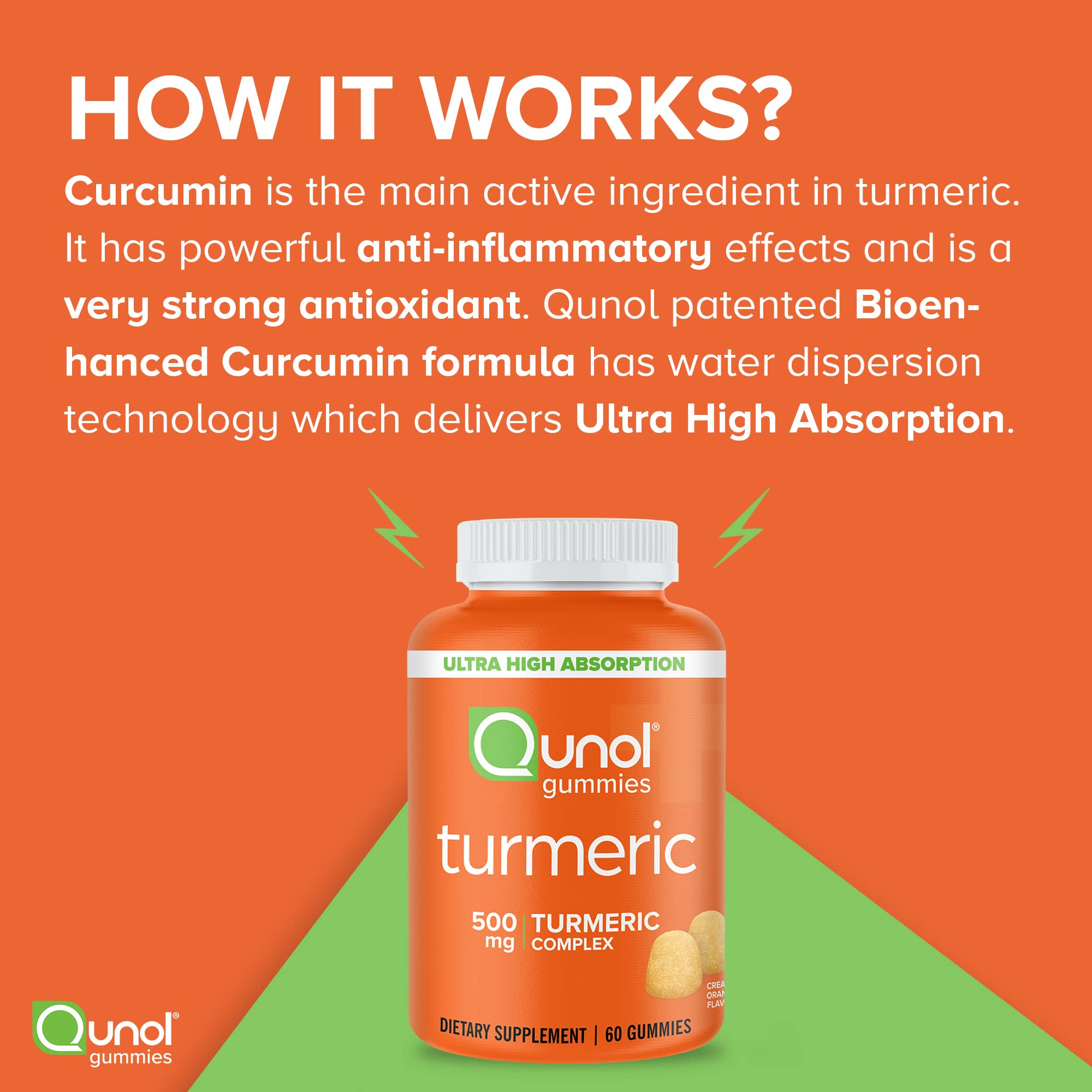 Qunol Turmeric Gummies, Gummy with 500mg Turmeric Curcumin, Joint Support Supplement, Ultra High Absorption Tumeric Curcumin, Vegan, Gluten Free, 2 Month Supply (60 Count, Pack of 2)