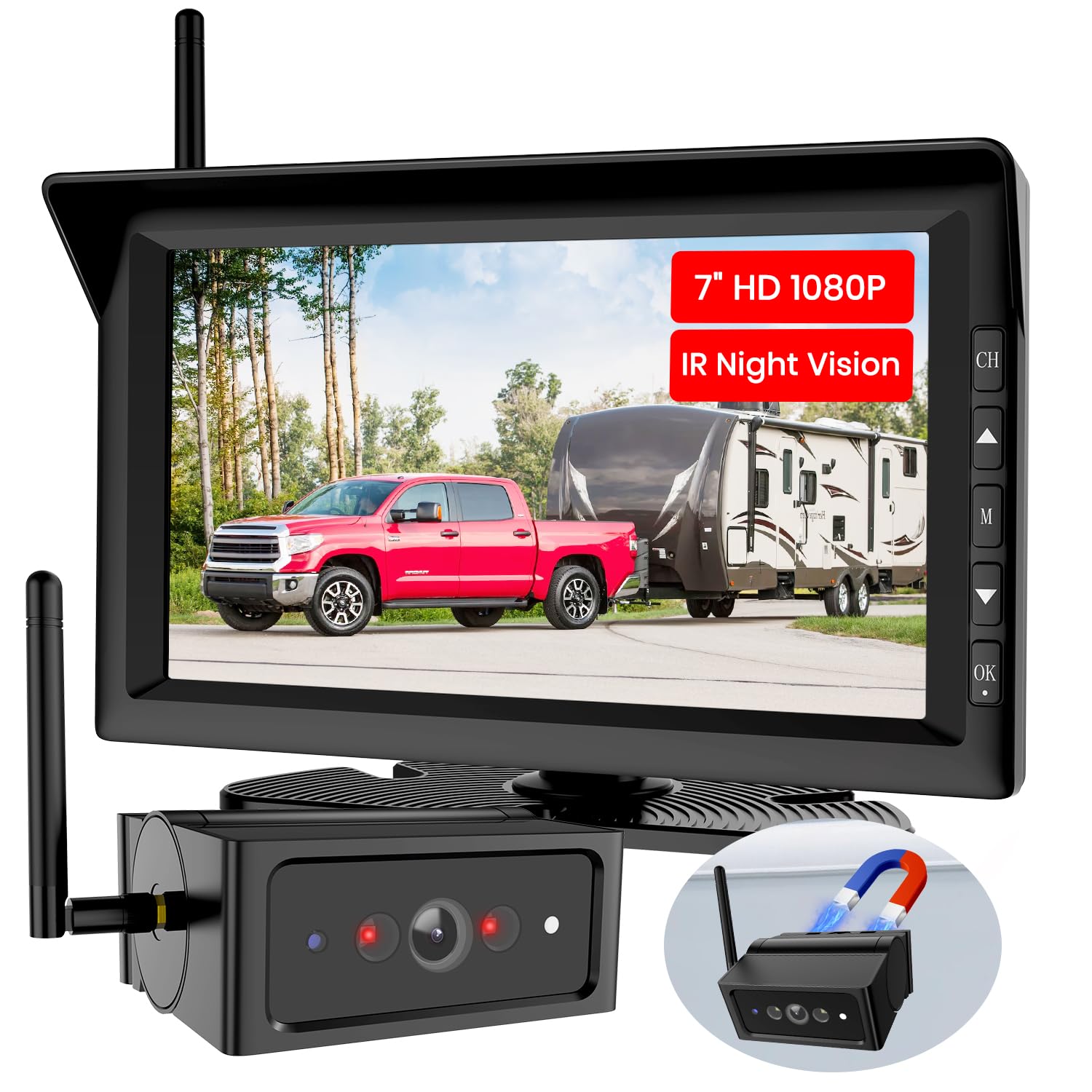 Foxpark Magnetic Wireless Backup Camera with 7" Split Screen Monitor, 2Mins DIY Installation & 1080P Battery RV Back Up Camera System, Trailer Hitch IR Night Vision Rear View Camera for Truck,Camper