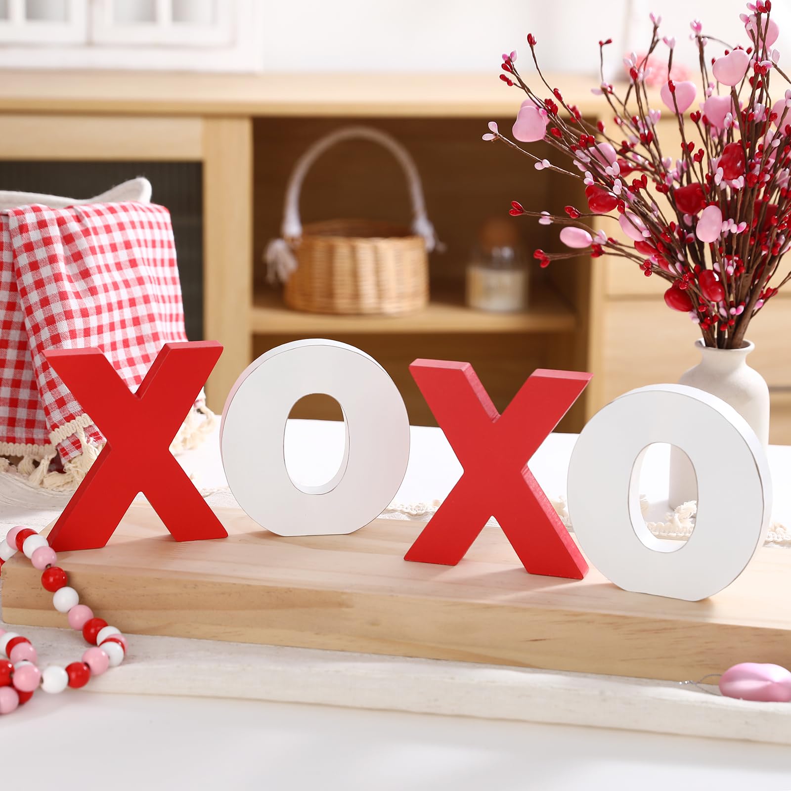 Valentines Day Decor-Wooden XOXO Tabletop Sign-Classic White Red Valentines Decorations for Home Table Shelf Mantel Fireplace Wedding Party Supplies