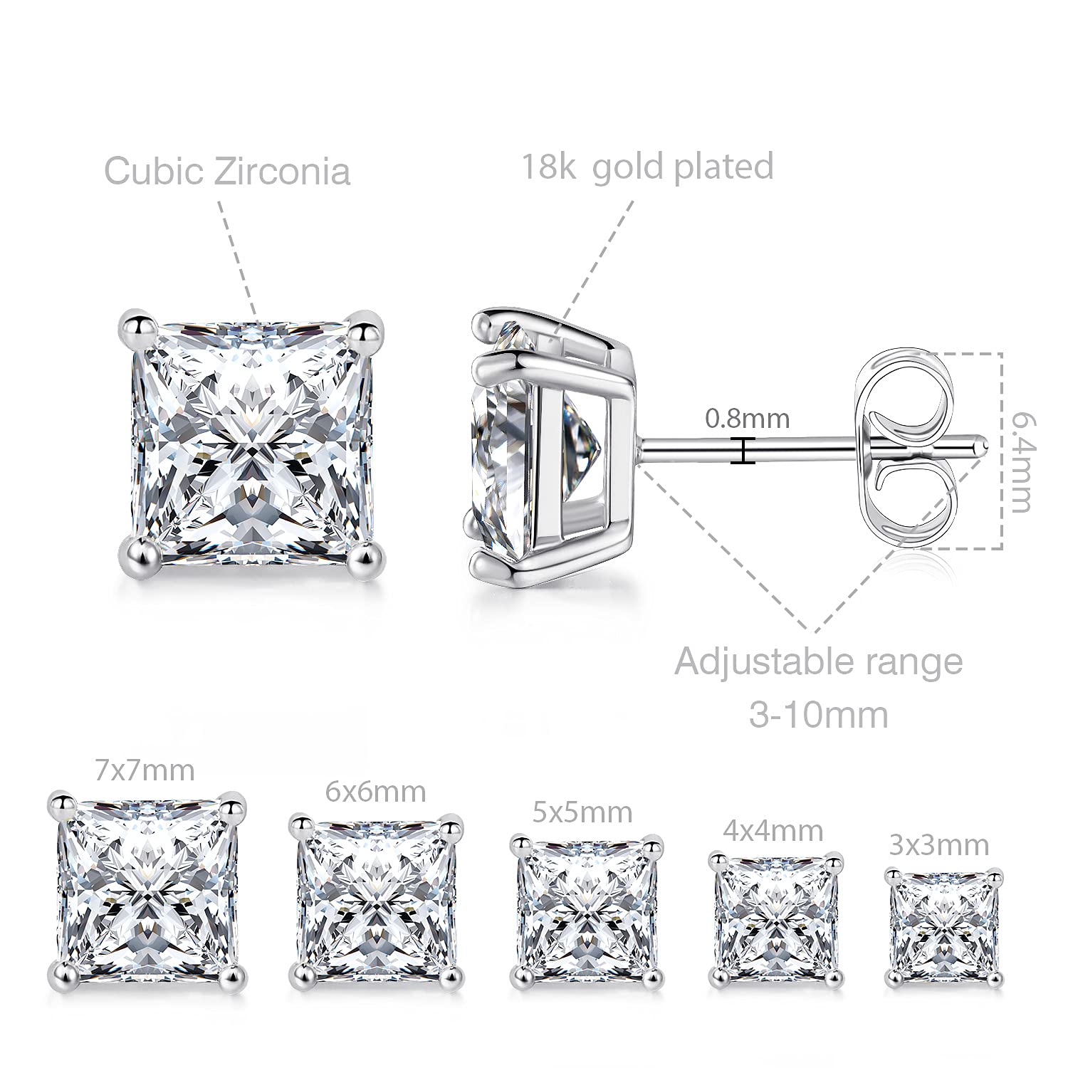 MDFUN 18K White Gold Plated Princess Cut Square Clear Cubic Zirconia Stud Earring Pack of 5 Pairs