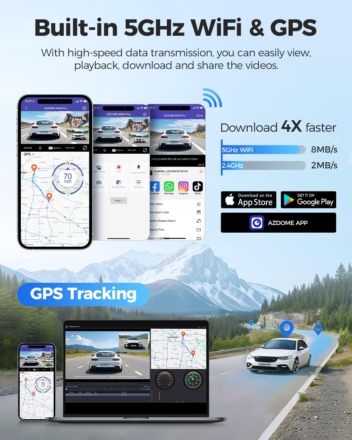 AZDOME M550 Pro 4K Dash Cam Front and Rear, Free 64GB Card, 5GHz Wi-Fi GPS Car Camera, 3.18'' IPS Screen Dashcam, APP Control 150° Wide Angle, WDR Night Vision, G-Sensor Parking Mode