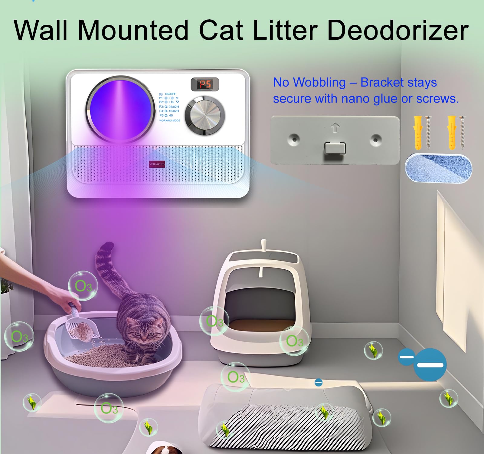 Vedawind 3-in-1 Ionic Air Purifier, Cat Litter Deodorizer, Air Freshener for Home with Ozone Generator, Ionizer, U Light – Reduce Pets Poof Odor, Litter Smell, Smoke, Dust,Plug-in to Use