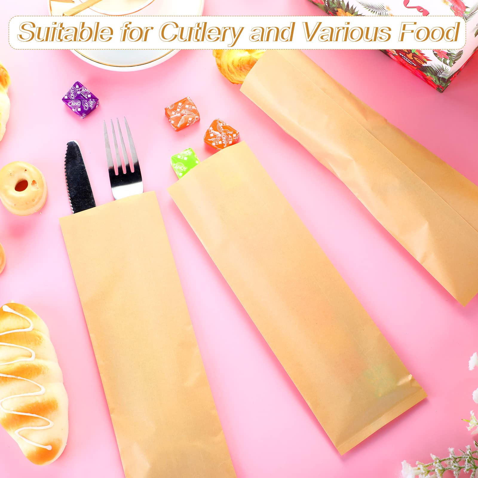 Handepo 2000 Pcs Kraft Brown Paper Bags, 3 x 10 Inch, Churro Bags for Silverware Cutlery Utensils Bakery Treats Pretzel Rods Candy Cookies Kitchen Party Supplies