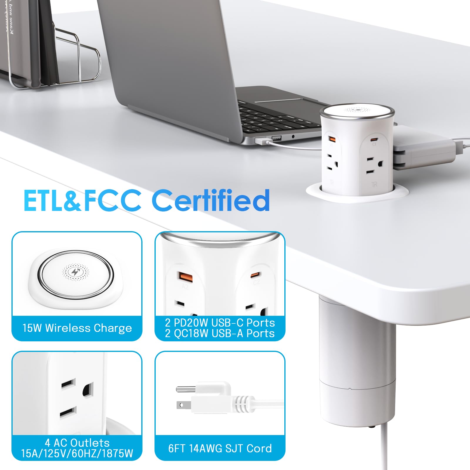 3.15in Pop Up Countertop Outlet with 15W Wireless Charger, Max 20W USB Power Delivery 15A Tamper Resistant, Desktop Mount Electrical Receptacle with 4 Outlets & 4 USB for Home Office