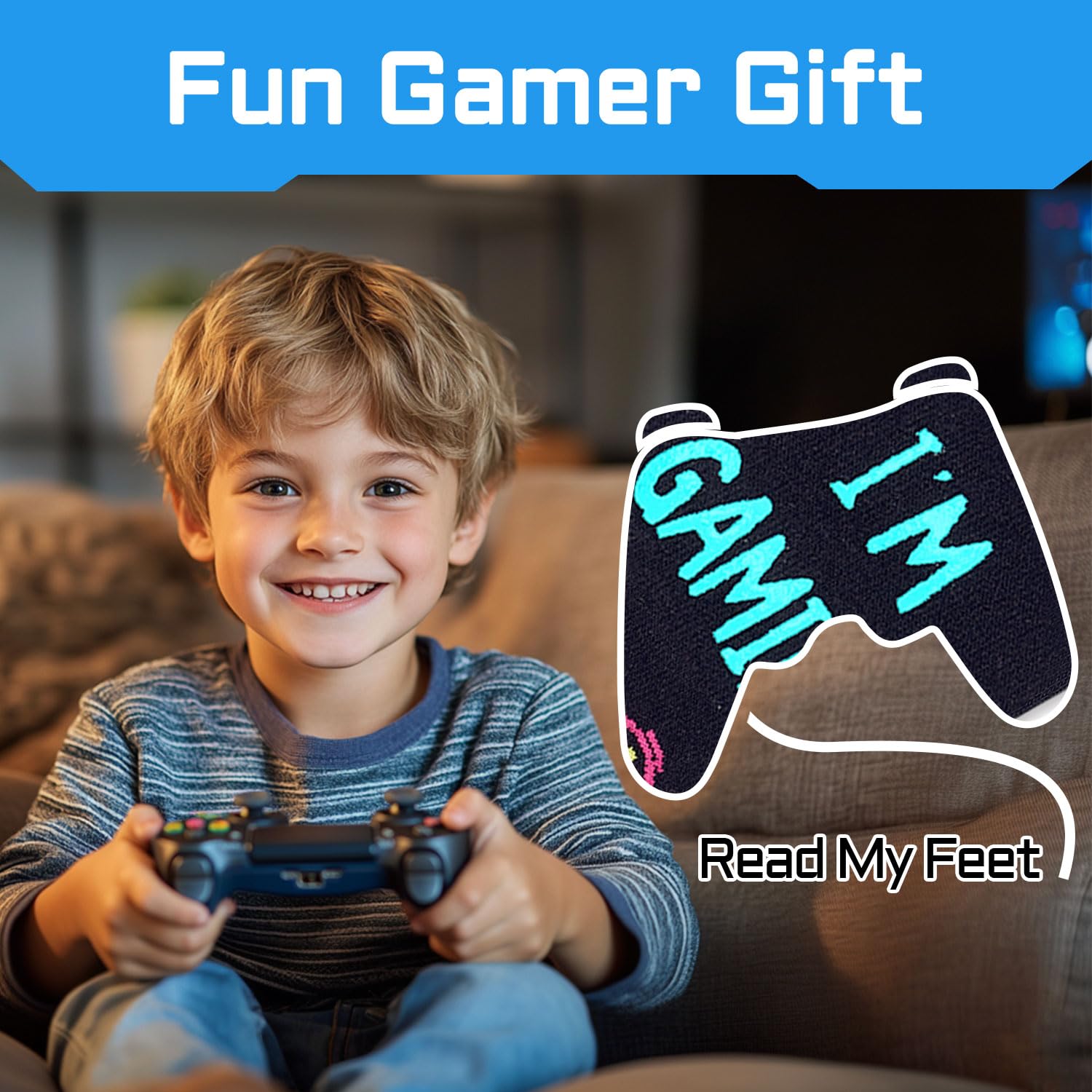 Gamer Gifts Teen Boys - Funny Gamer Socks for Teen Boys, Gaming Gamer Gifts with Greeting Card, Video Game Socks for 7-9 Years Old Kids