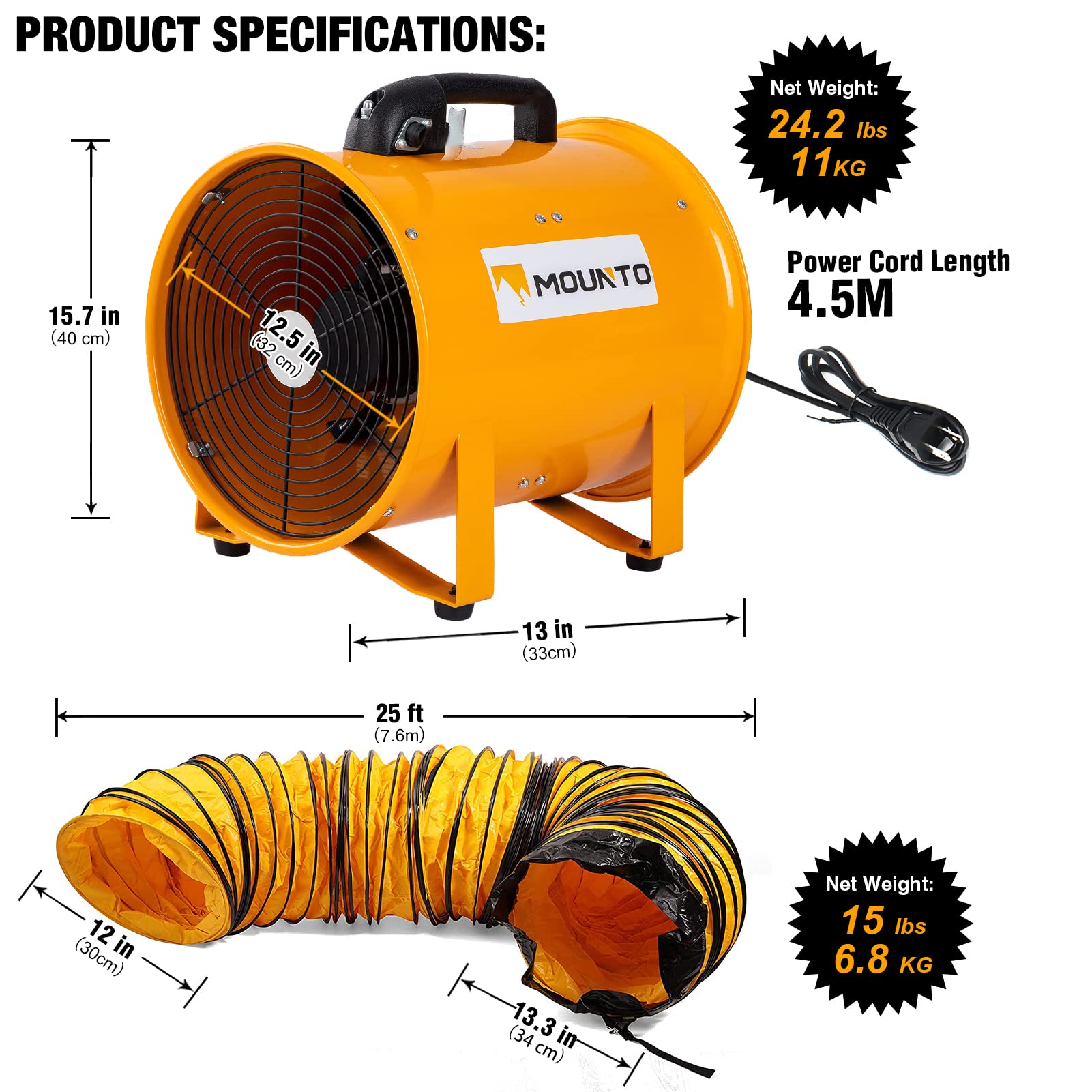 MOUNTO 12-Inch Heavy Duty Cylinder Axial Fan with 25-Foot Vinyl Hose | High-Performance Portable Blower/Exhaust Fan | 2900 CFM Directional Airflow for Crawl Spaces, Attics, Basements