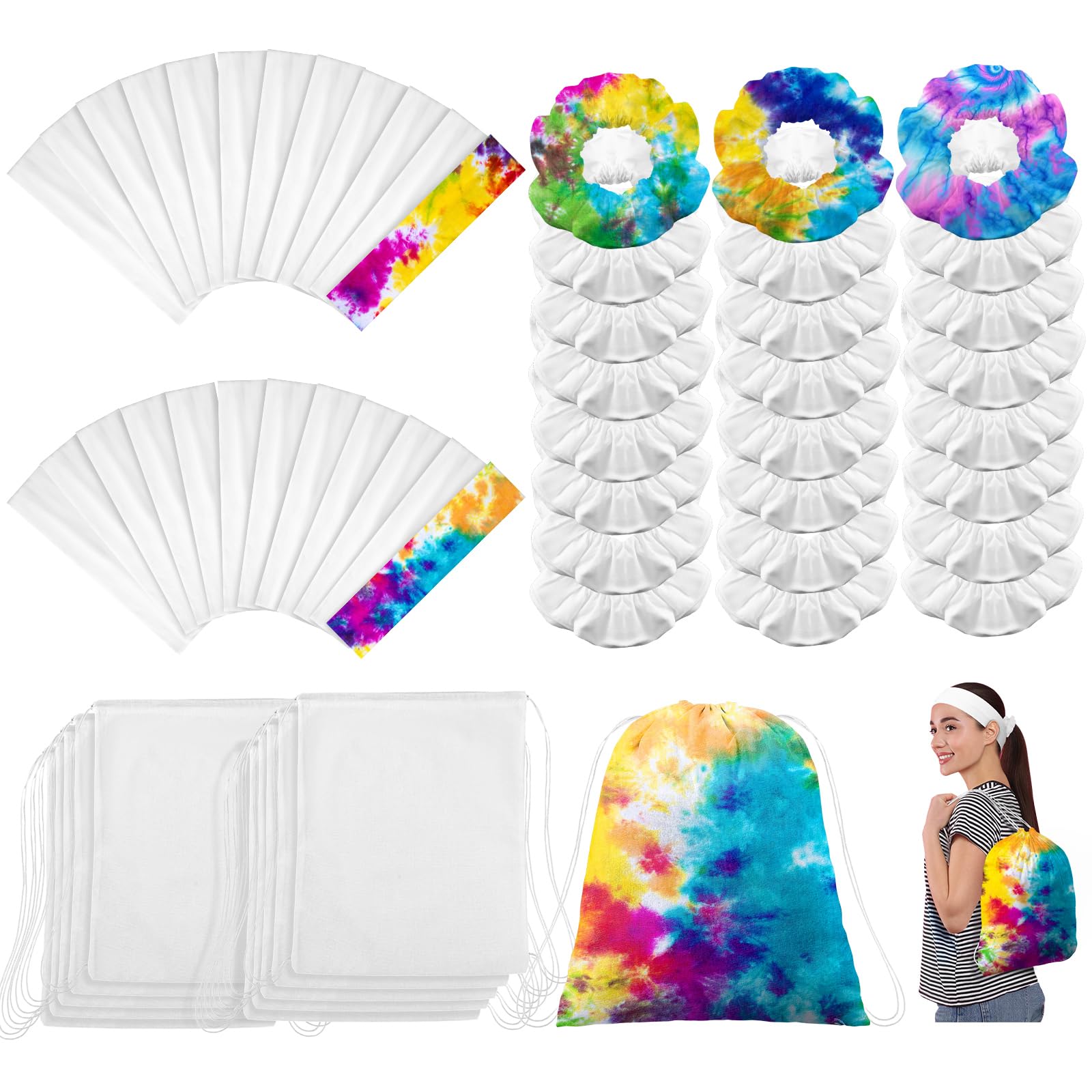 Abbylike 72 Pcs Tie Dye Party Supplies, 24 Cotton Drawstring Bags Tie Dye Drawstring Backpack 14 x 16 Inch Drawstring Tote Bags 24 White Cotton Scrunchies 24 Elastic Hair White Headband for Women DIY