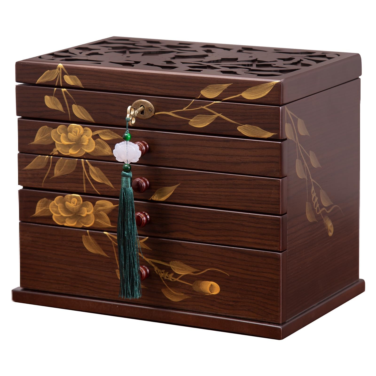 Xloverise hand-drawn rose Jewelry Box Wood for Wowen, Mother's Day gift,5-Layer Wooden Jewelry Organizer Boxes with 4 Drawers, Vintage Multi-functional Jewelry Storage Case