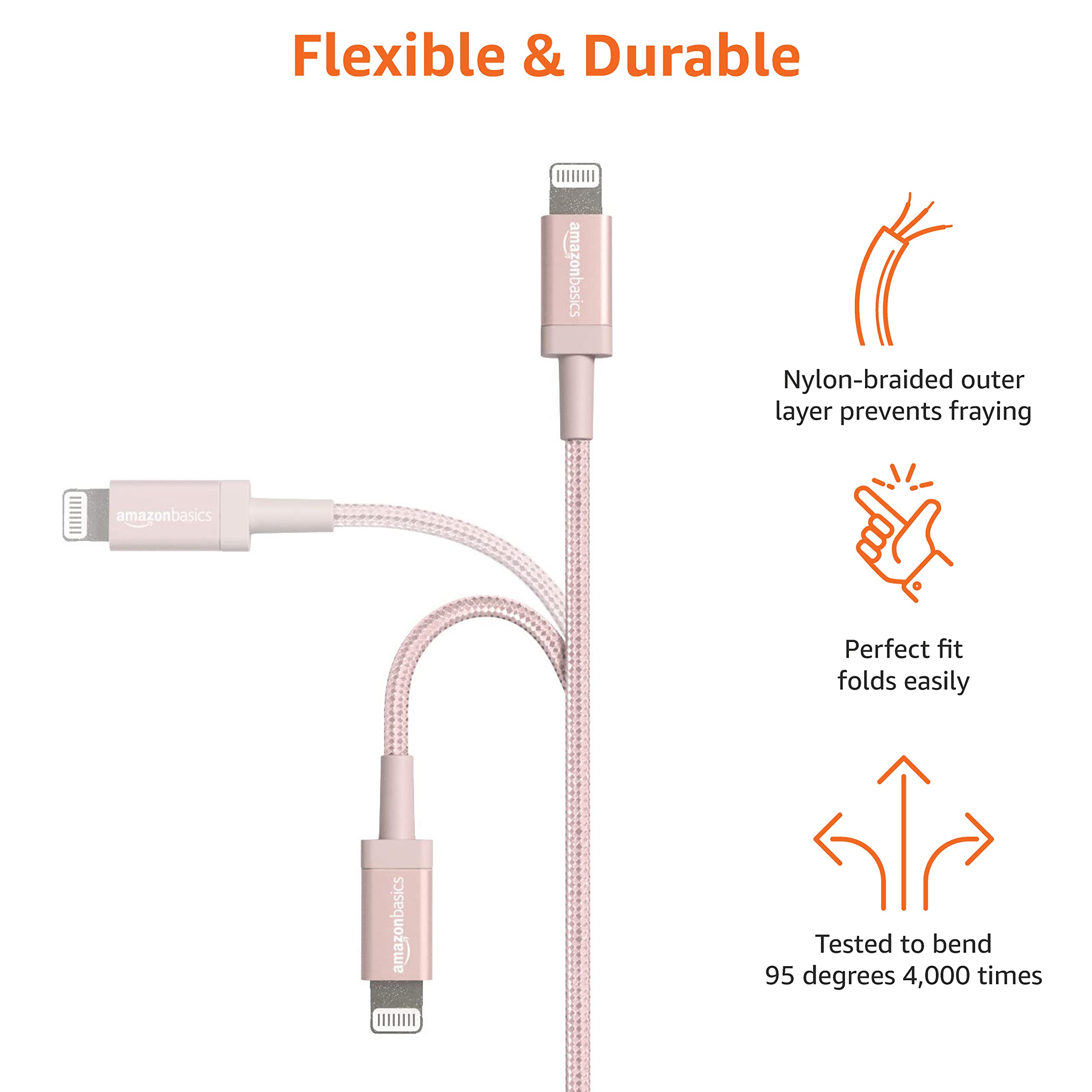 Amazon Basics USB-A to Lightning Charger Cable, Nylon Braided Cord, MFi Certified Charger for Apple iPhone 14 13 12 11 X Xs Pro, Pro Max, Plus, iPad, 3 Foot, Rose Gold