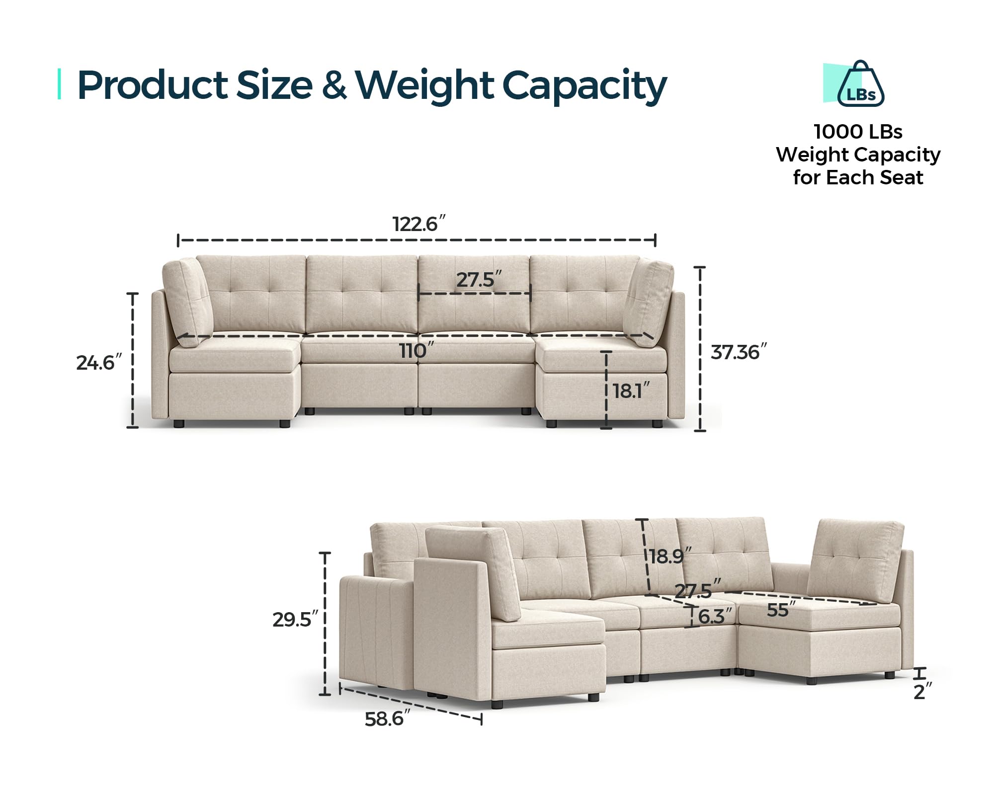 LINSY HOME Oversized Modular Couch, Rubik III 6 Seat Convertible Sectional Sofa with Chaise, U Shaped Sleeper Sofa with Storage, All Covers Changeable Washable, Dark Grey