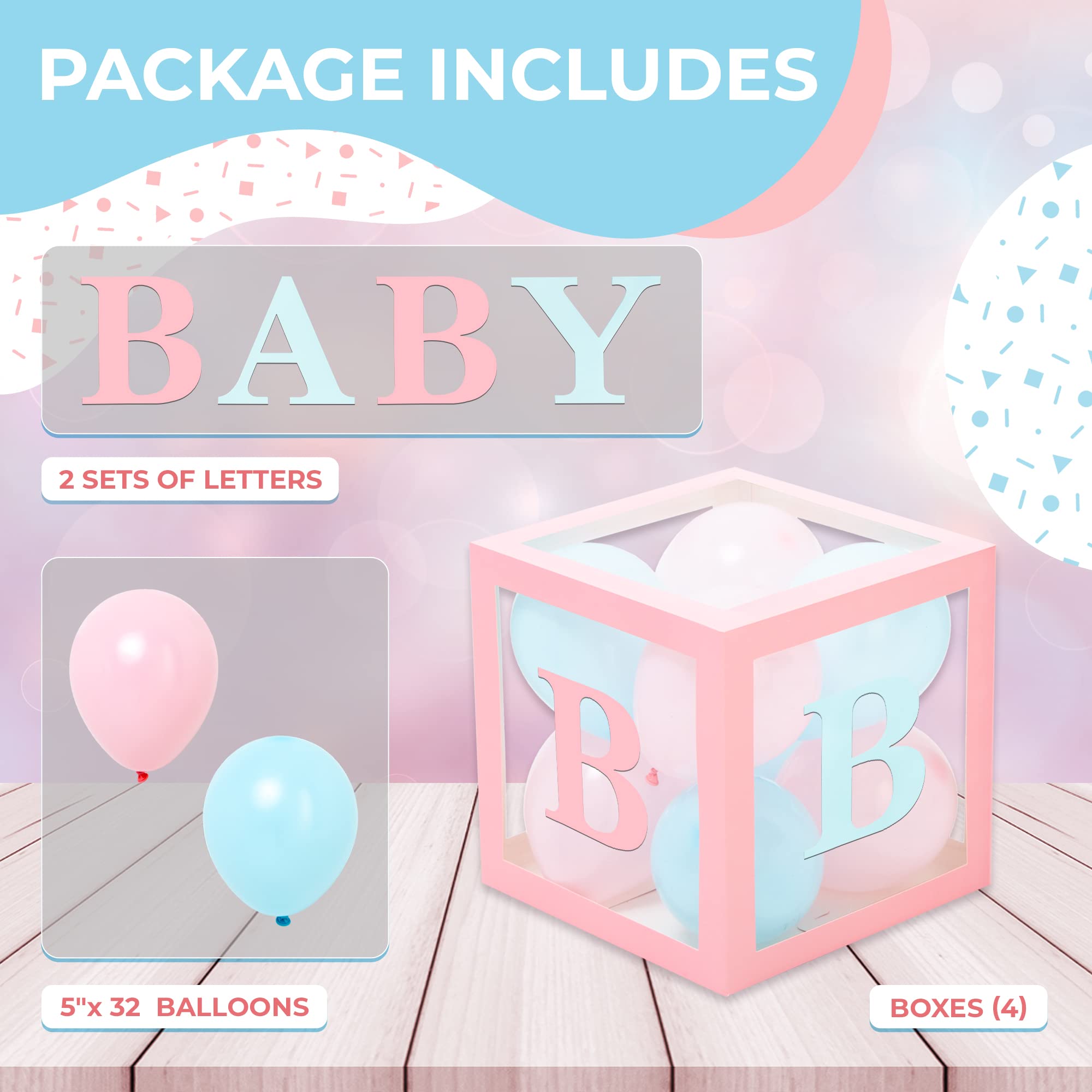 Baby Shower Boxes with Letters – Pink And Blue Boxes with Pink & Blue Balloons – 44-Piece Gender Reveal & Party Decoration Set by Vellax