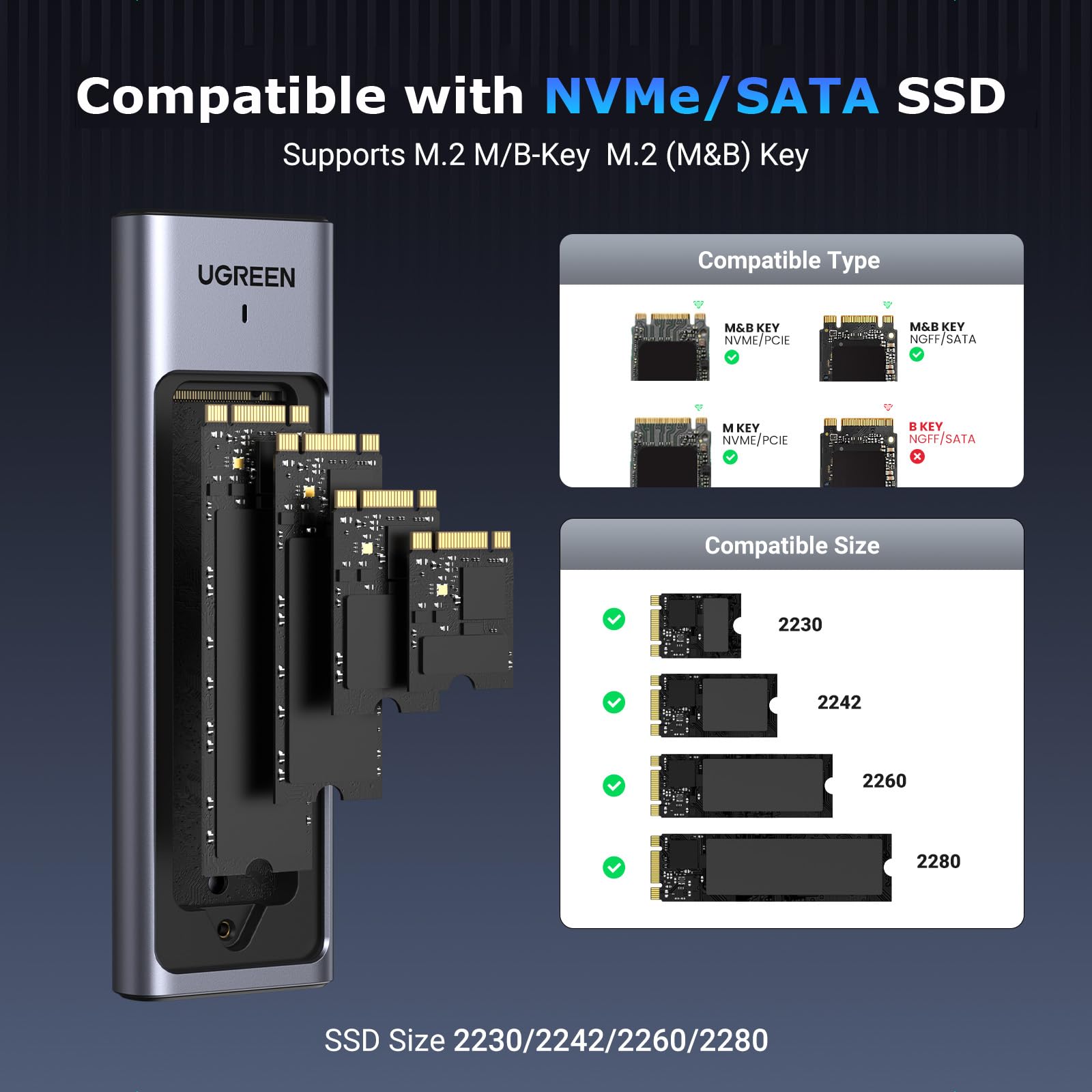 UGREEN M.2 NVMe SATA SSD Enclosure Aluminum 10Gbps USB C External Portable NVMe M.2 Enclosure USB 3.2 Gen2 Support UASP Trim for M/B+M Key NVMe and SATA SSD in Size of 2230/2242/2260/2280