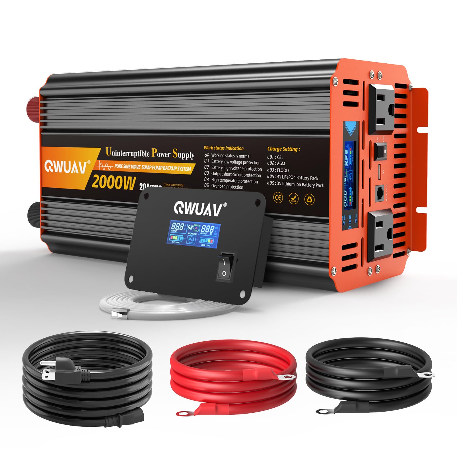 QWUAV 2000W Sump Pump Battery Backup, 2500W Sump Pump Battery Backup System for Power Outage and Emergency, Adjustable Multifunctional LCD Screen, Automatic Switching for Grid and Battery
