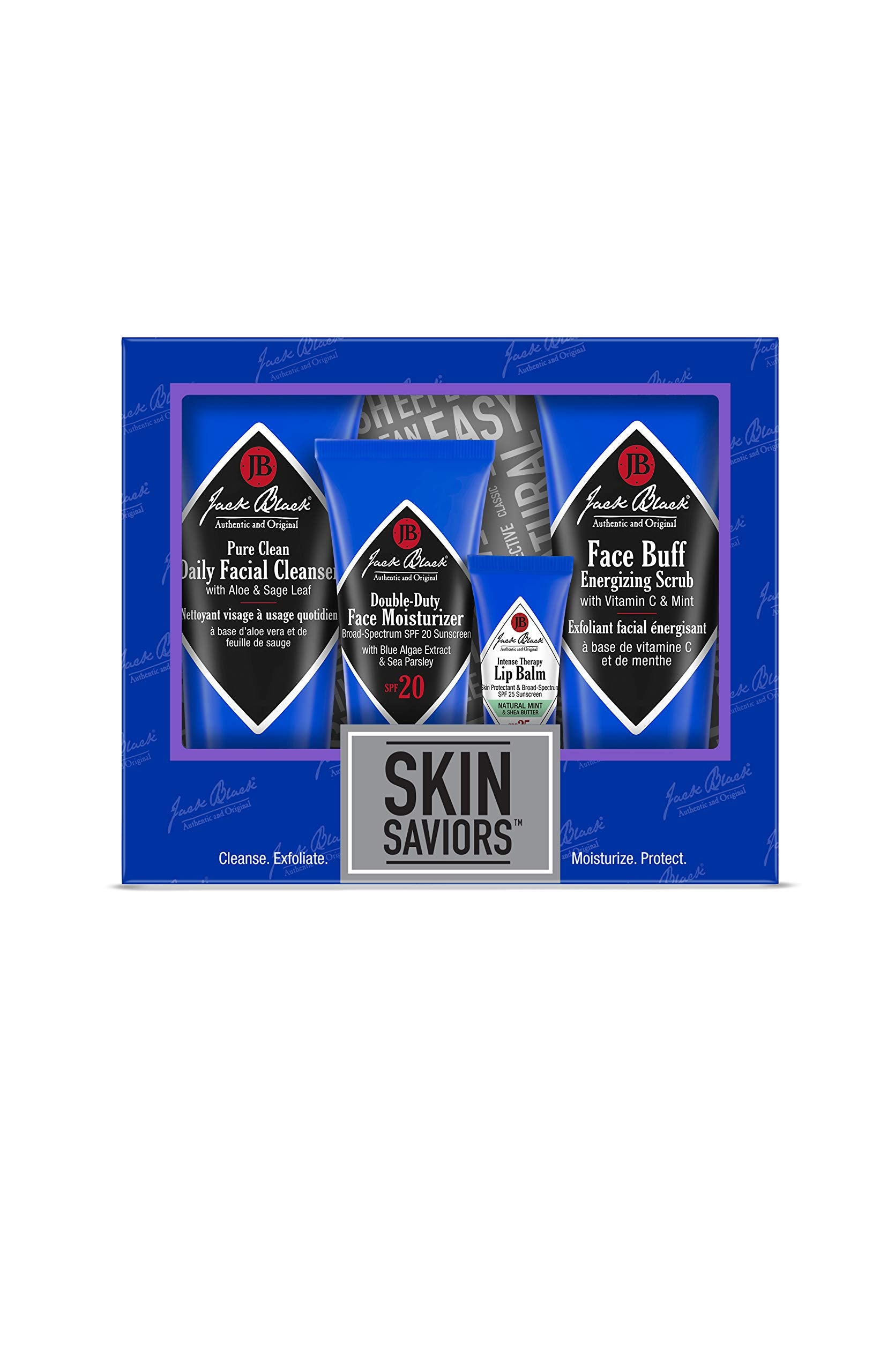 Jack Black Skin Saviors Set – Pure Clean Daily Facial Cleanser, Double-Duty Face Moisturizer SPF 20, Intense Therapy Lip Balm SPF 25 Natural Mint & Shea Butter, & Face Buff Energizing Scrub