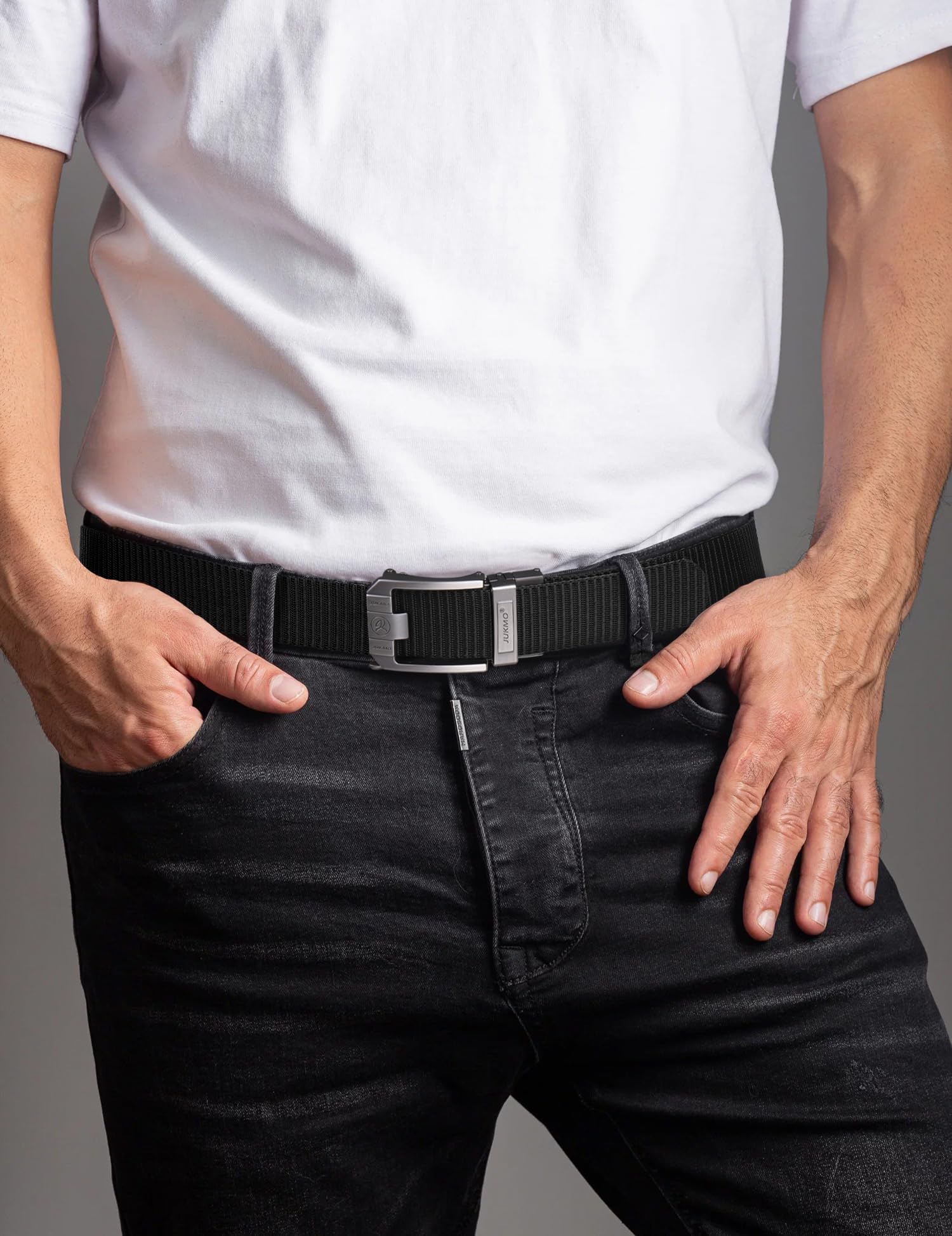 JUKMO Reversible Ratchet Belt, Nylon Web Tactical Work Belt with Automatic Slide Buckle (Green/Black, Medium-for Waist 38"-42" (Length 49"))