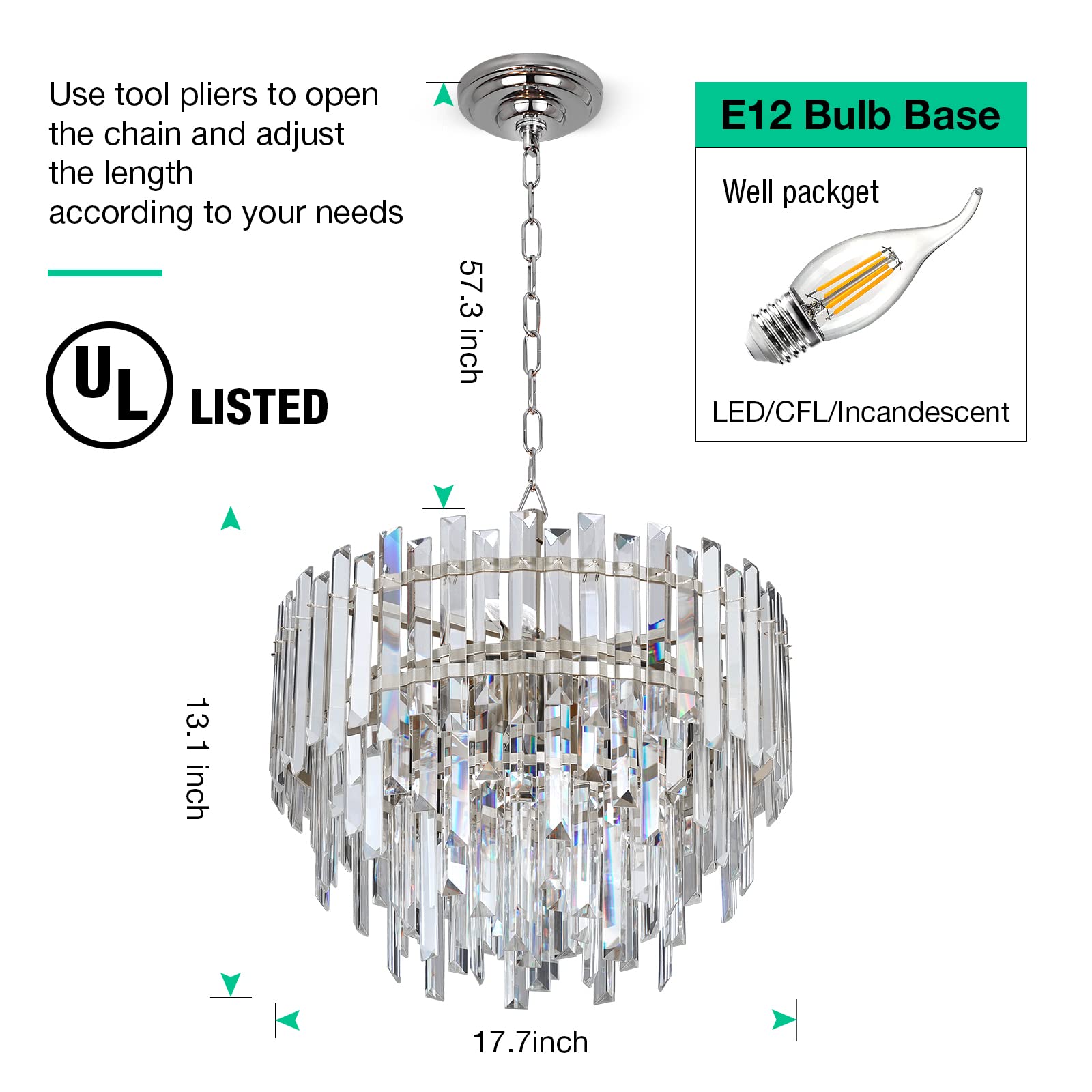 Lt-vt Chrome Crystal Chandelier Lighting 17.7'' for Dining Rooms Bedroom Foyer Entryway Ceiling Hanging Pendant Chandelier Light Fixture Lamp