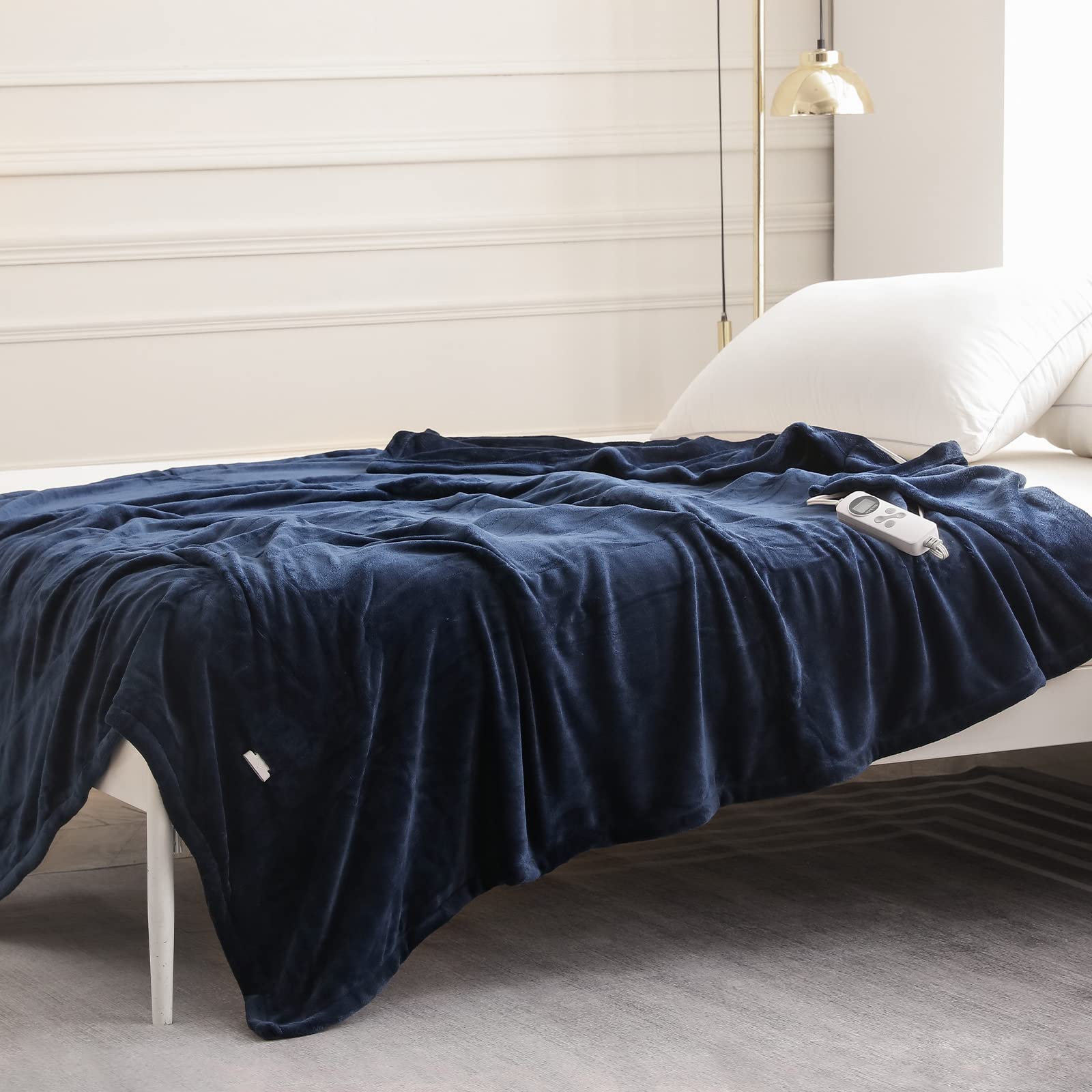 HOMLYNS Heated Blanket Twin Size, Electric Blanket with 1-12 hrs Timer Auto-Off & 10 Heating Levels, Double-Layer Flannel Heating Blanket with ETL Certification, Machine Washable (62”x 84”, Navy)