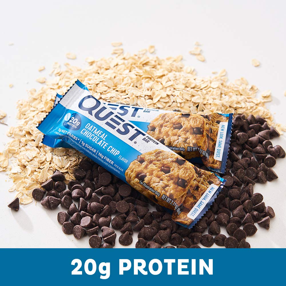 Quest Nutrition Oatmeal Chocolate Chip Protein Bars, 20g Protein, 1g Sugar, 5g Net Carb, Gluten Free, Keto Friendly, 12 Count