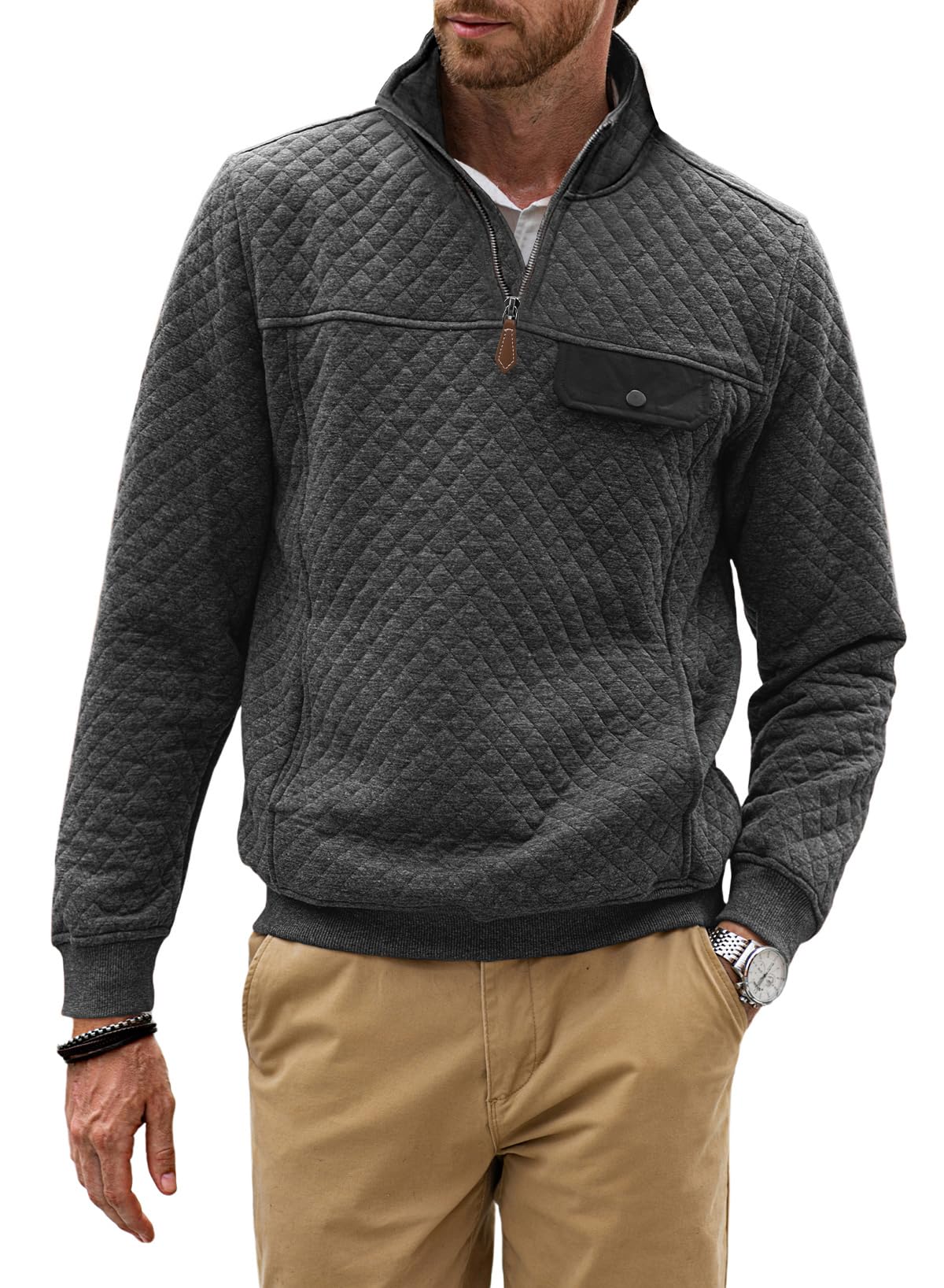 JMIERR Mens Quilted Sweatshirt Casual Long Sleeve Crewneck Quarter-Zip Fashion Pullovers Sweater Jackets with Pockets, S, Dark Grey