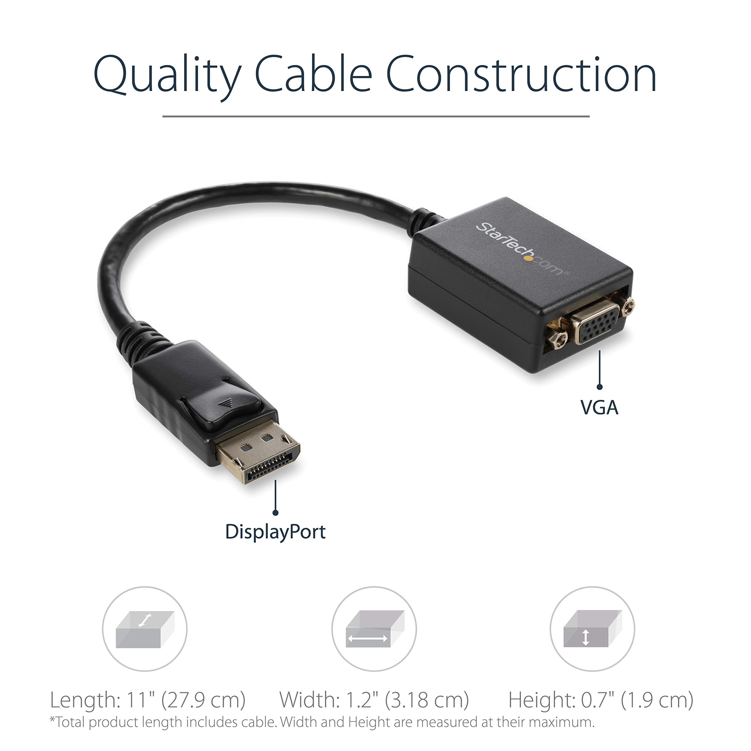 StarTech.com DisplayPort to VGA Adapter - Active DP to VGA Converter - 1080p Video - DisplayPort Certified - DP/DP++ Source to VGA Monitor Cable Adapter Dongle - Latching DP Connector (DP2VGA2)