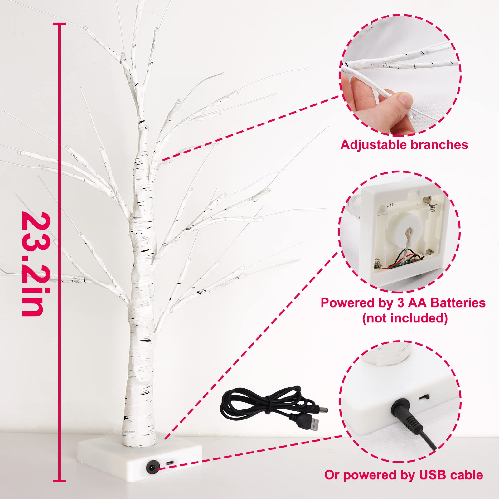 Valentines Day Decor 23.2" Lighted Birch Tree with 24pcs Heart Tree Ornaments, Valentine Table Decorations White Birch Twig Tree with LED Lights and Cute Heart Decor for The Home Wedding Dinner Gifts