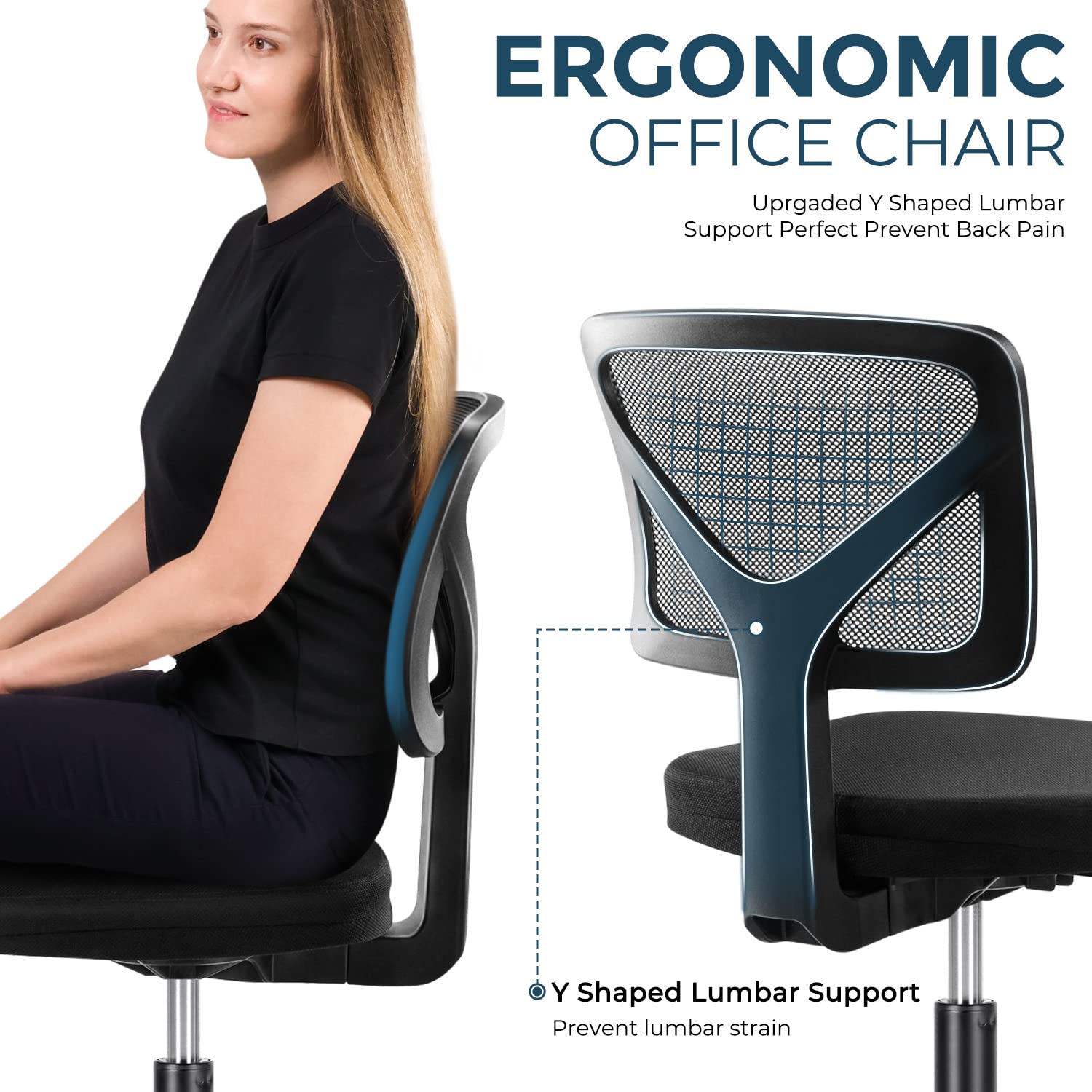 MCQ Home Office Computer Desk Chair Mid Back Armless Ergonomic Mesh with Lumbar Support Height Adjustable Swivel Task Rolling Modern Wheels for Office,Living Room, Black (SE-2077)