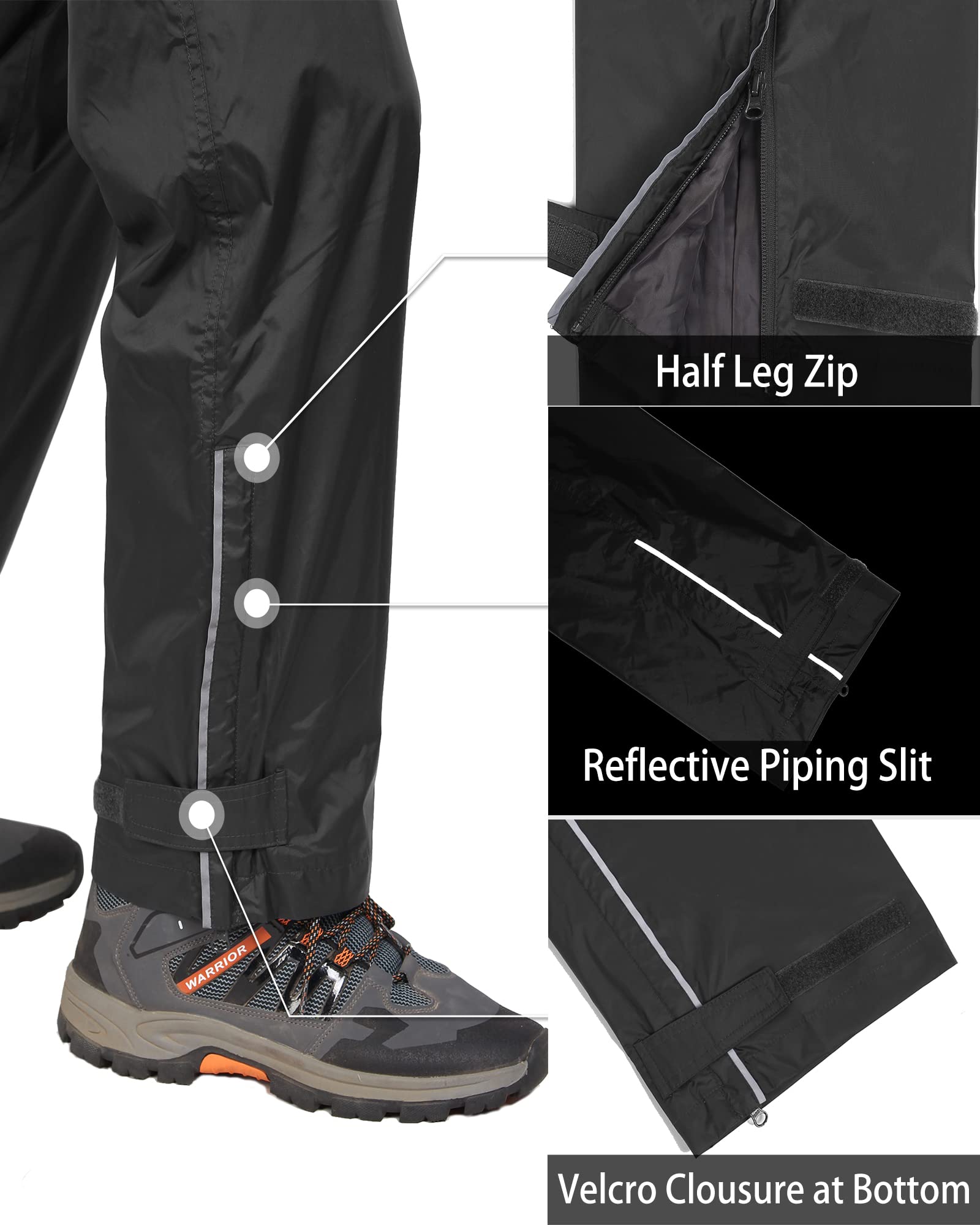 33,000ft Men's Rain Pants, Waterproof Rain Over Pants, Windproof Outdoor Pants for Hiking, Fishing Black