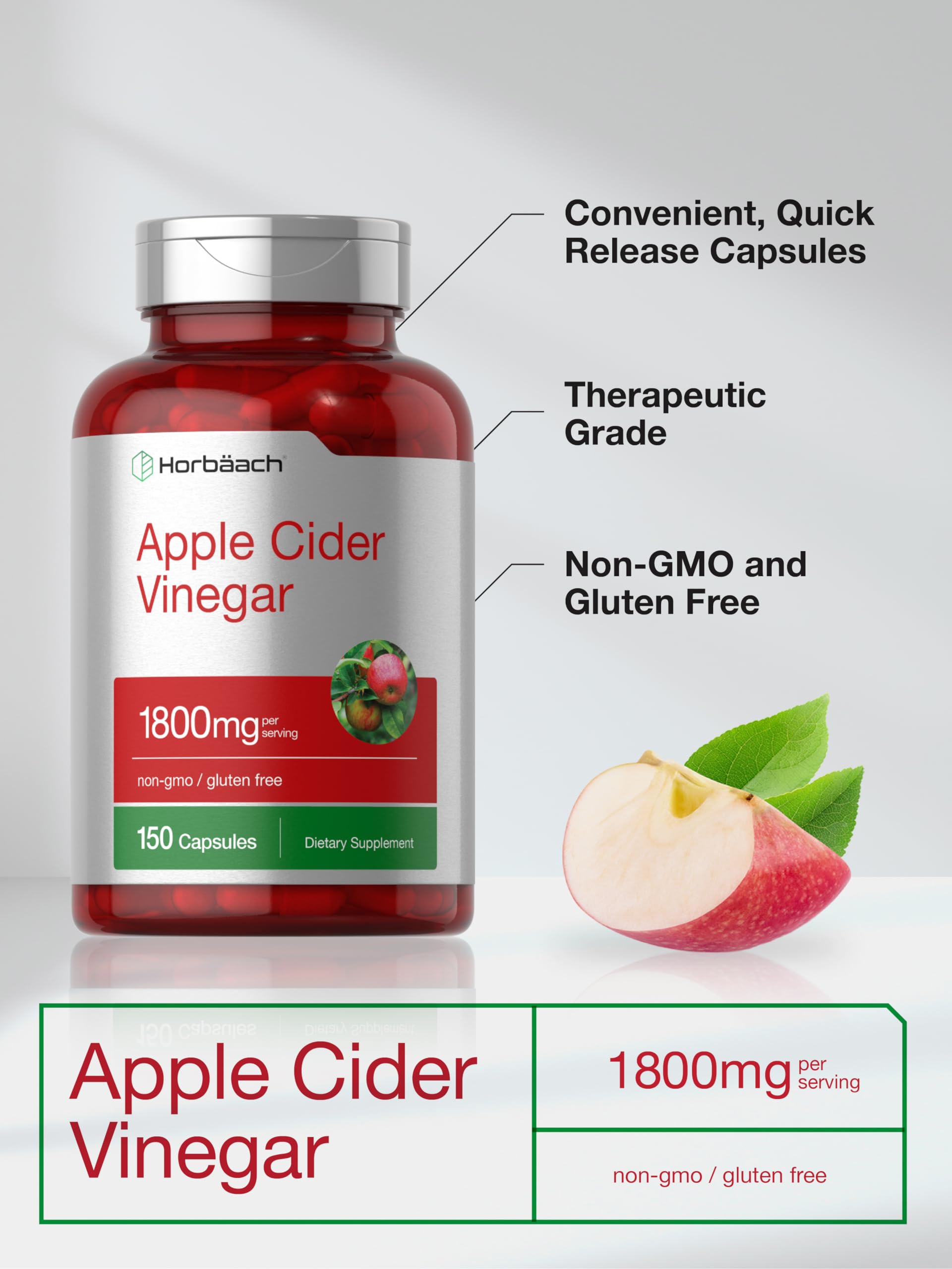 Horbäach Apple Cider Vinegar Capsules | 1800mg | 150 Pills | Non-GMO, Gluten Free Supplement