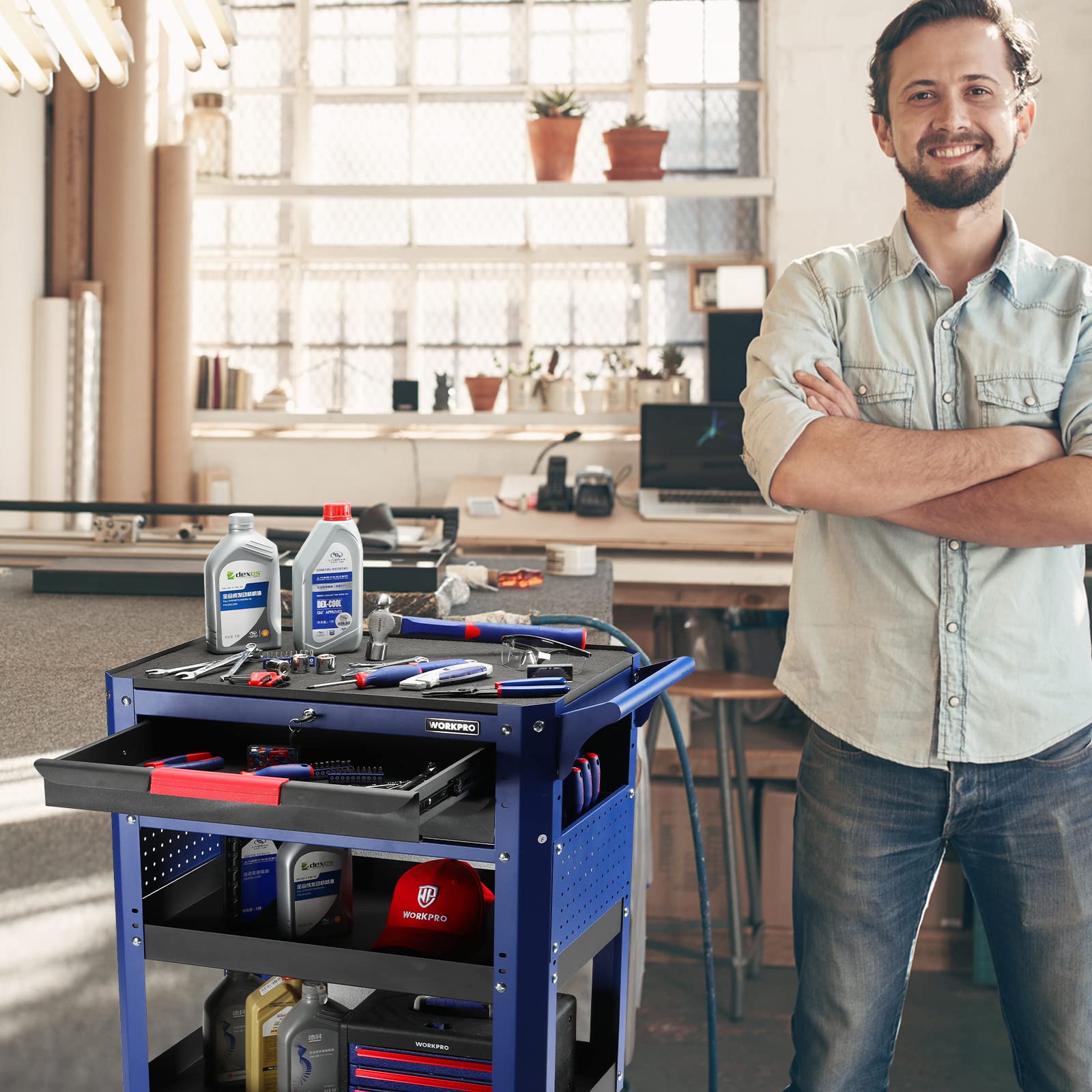 WORKPRO 28” Rolling Tool Cart, Premium 2-Drawer Utility Cart, Heavy Duty Industrial Storage Organizer Mechanic Service Cart with Wheels and Locking System, 400 lbs Load