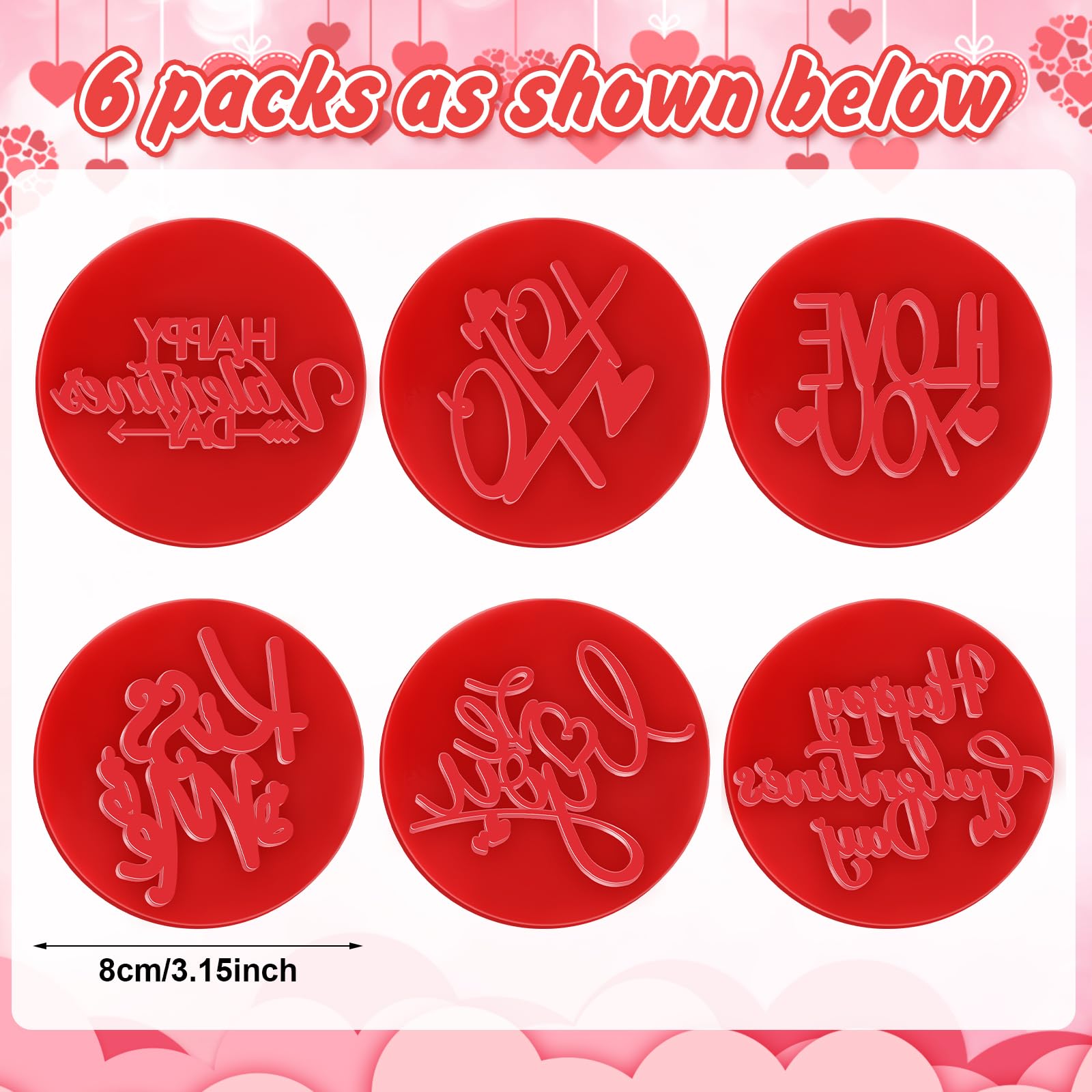 6 Pcs Valentines Day Cookie Stamp Fondant Embosser Set Valentines Day 3D Design Cookie Cutters Love You Cookie Stamp for Baking Cooking Biscuits Cake Wedding Party Decorating Tools