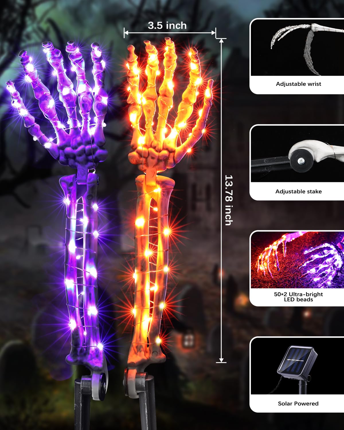 Solar Halloween Decorations Skeleton Hands - 100 LED Fairy Lights 2 pcs Skeleton Hand Stakes with 8 Lighting Modes Waterproof for Halloween Deocr Outdoor (Orange & Purple)