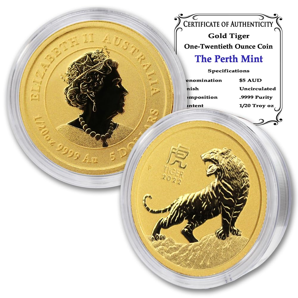 2022 P 1/20 oz Gold Australian Lunar Year of the Tiger Coin Brilliant Uncirculated (BU) in Capsule with Certificate of Authenticity $5 Seller Mint State