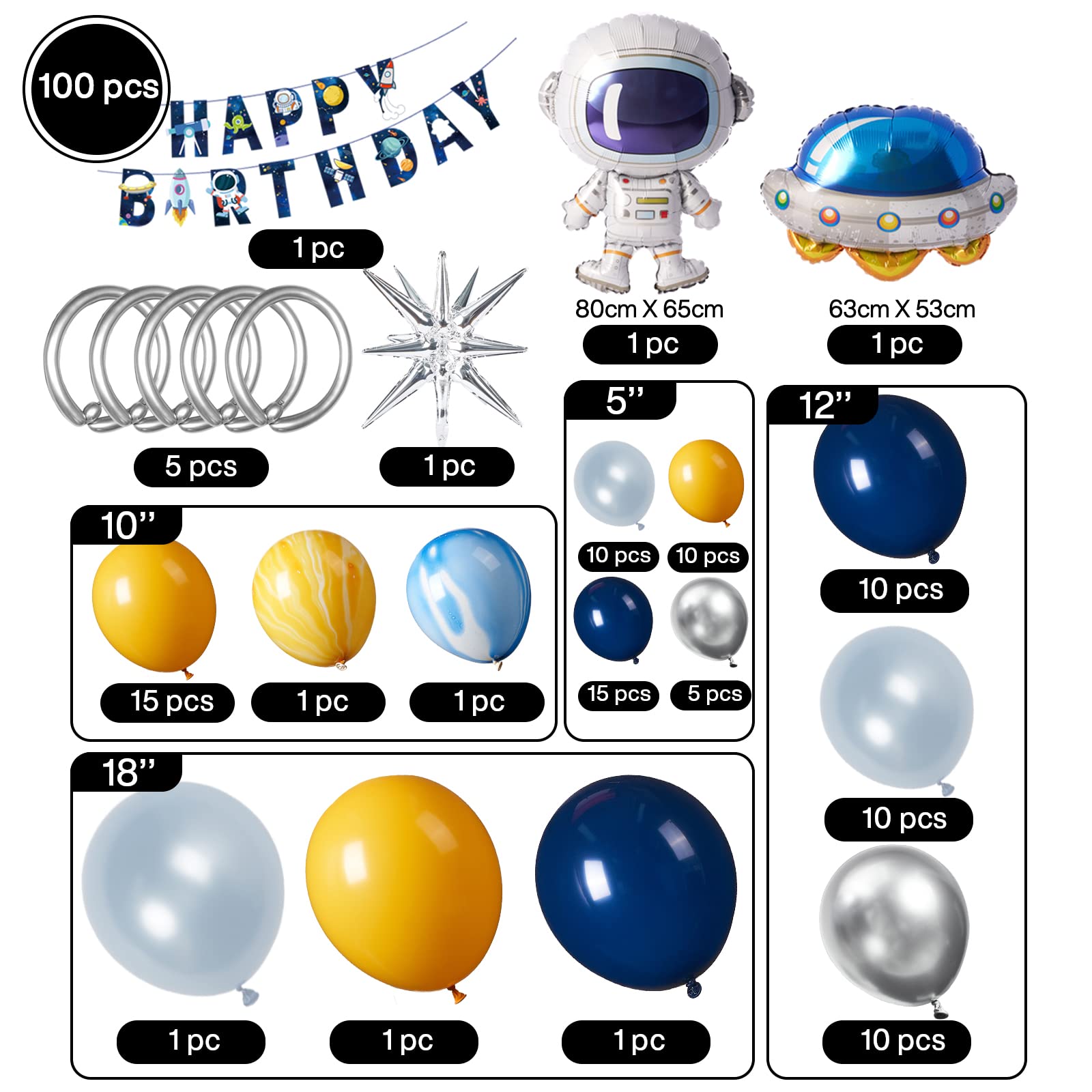 PartyWoo Space Balloons Different Sizes of 18 12 10 5 Inch Navy Blue Metallic Silver Yellow UFO Astronaut Star Foil Balloon Arch Kit Garland for Outer Space Theme Boy Birthday Party Decorations