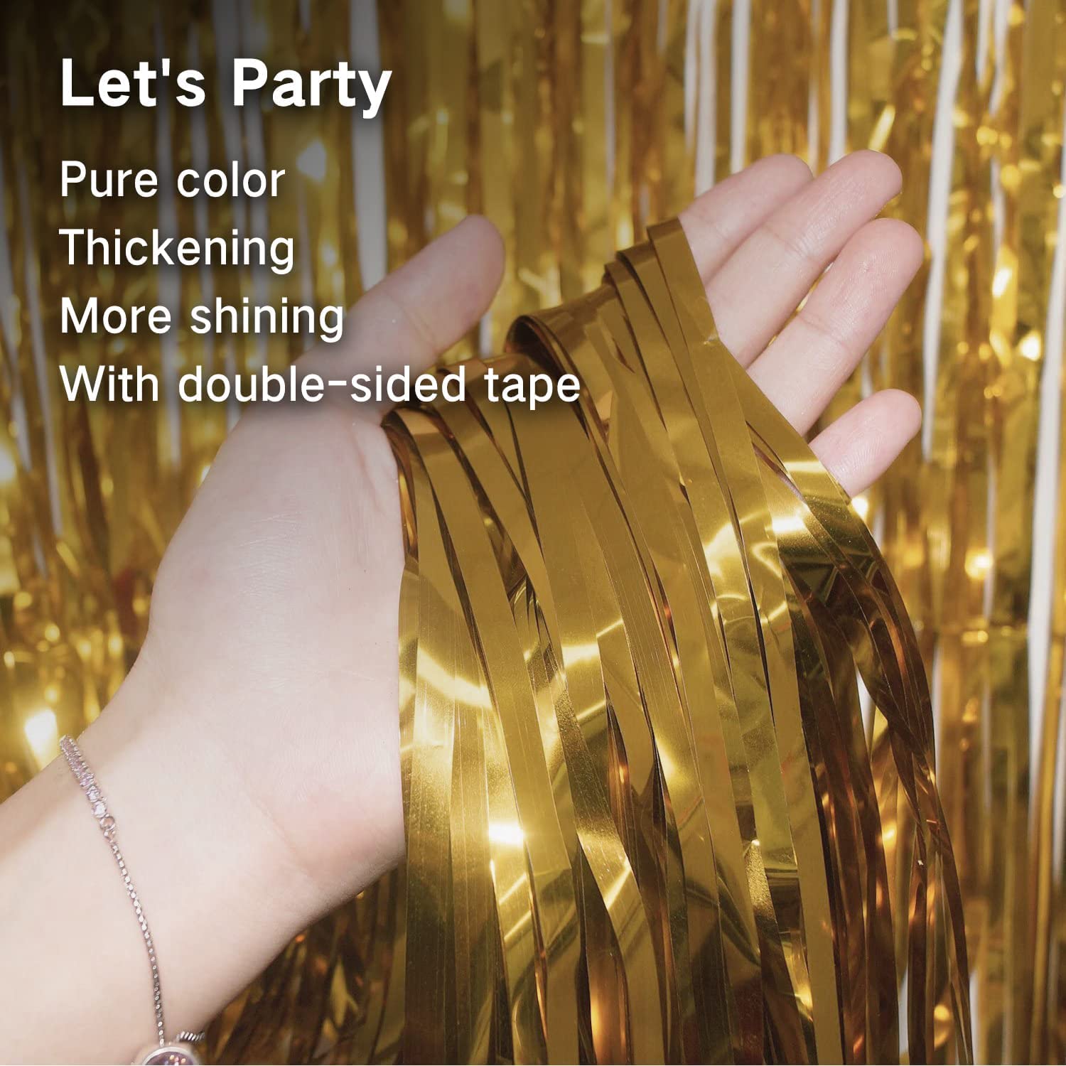 Tayuvira Gold Metallic Tinsel Foil Fringe Curtain, 3 Pcs 3.3ft x6.6ft Photo Booth Backdrop Streamer Curtains&Photo Booth Props, Party Decorations for Bachelorette Graduation Wedding Birthday (Gold)