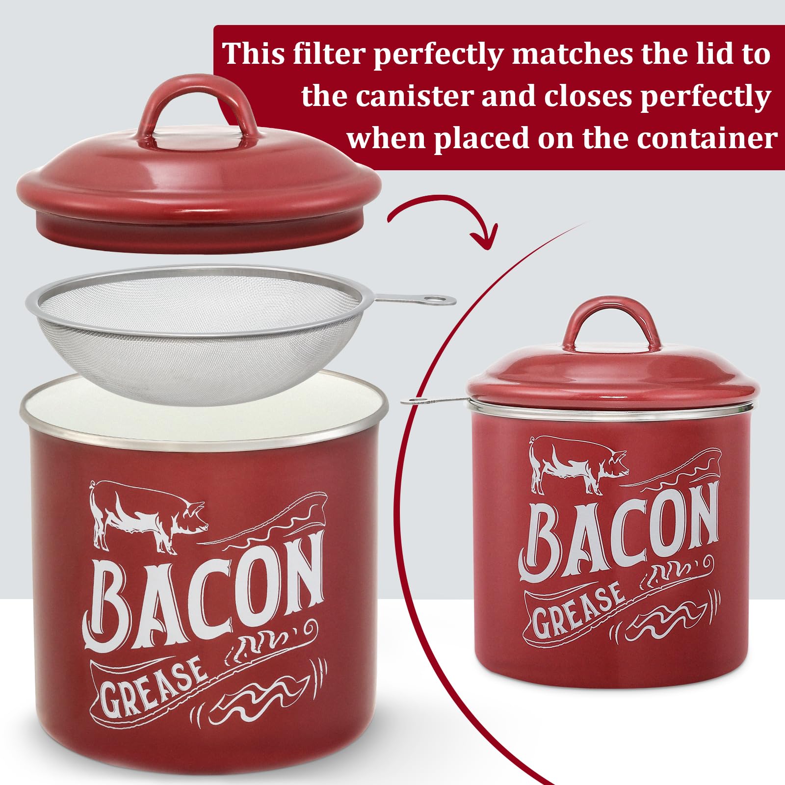 1.3L Bacon Grease Saver Container with Fine Strainer - Red Enamel & Stainless Steel Oil Keeper Can for Bacon Fat Dripping - Farmhouse Kitchen Gift & Decor Cooking Accessories - Dishwasher Safe