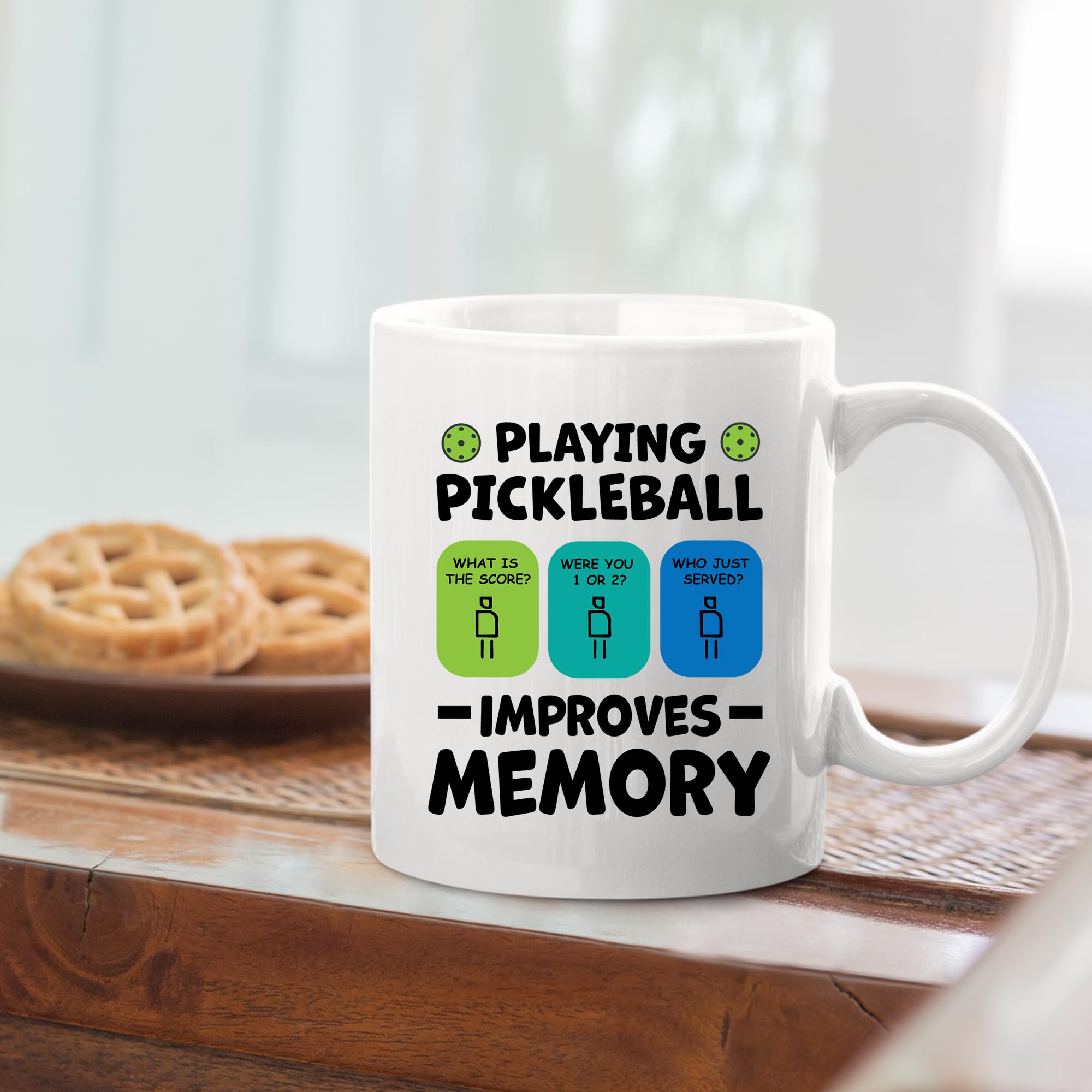 Panvola Playing Pickleball Improves Memory Pickleball Ceramic Mug Pickleball Lovers Gifts For Dad Mom Grandma Grandpa Husband Wife Coffee Cup (White, 11 oz)