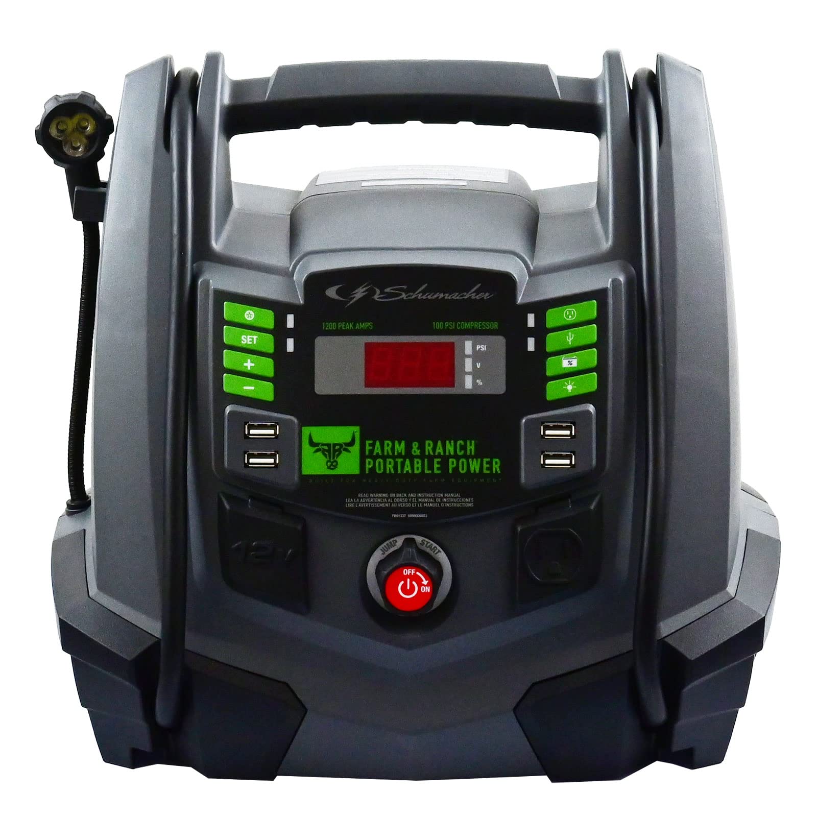 Schumacher Electric FR01337 Rechargeable AGM Jump Starter for Gas, Diesel Vehicles - 1200A with Air Compressor and 12V USB/AC Power Station to Charge Phones, Accessories