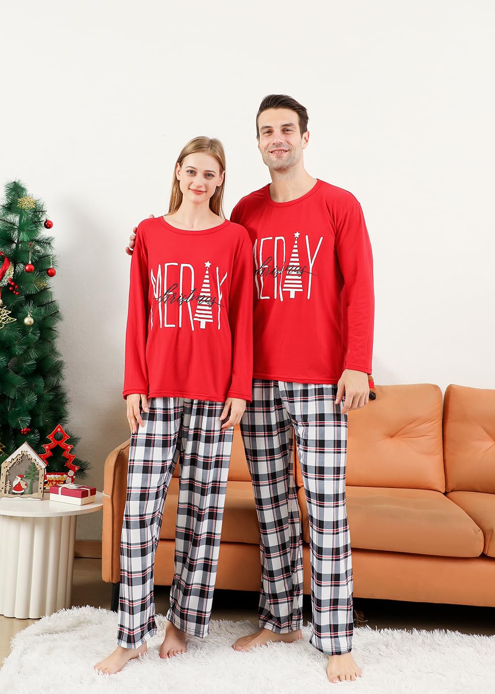 VNVNE Christmas Pajamas for Family Pjs Matching Sets, Red Merry Christmas Printed Top and Plaid Pants Holiday Pajamas for Women/Men/Couples(Youth,6-8T)