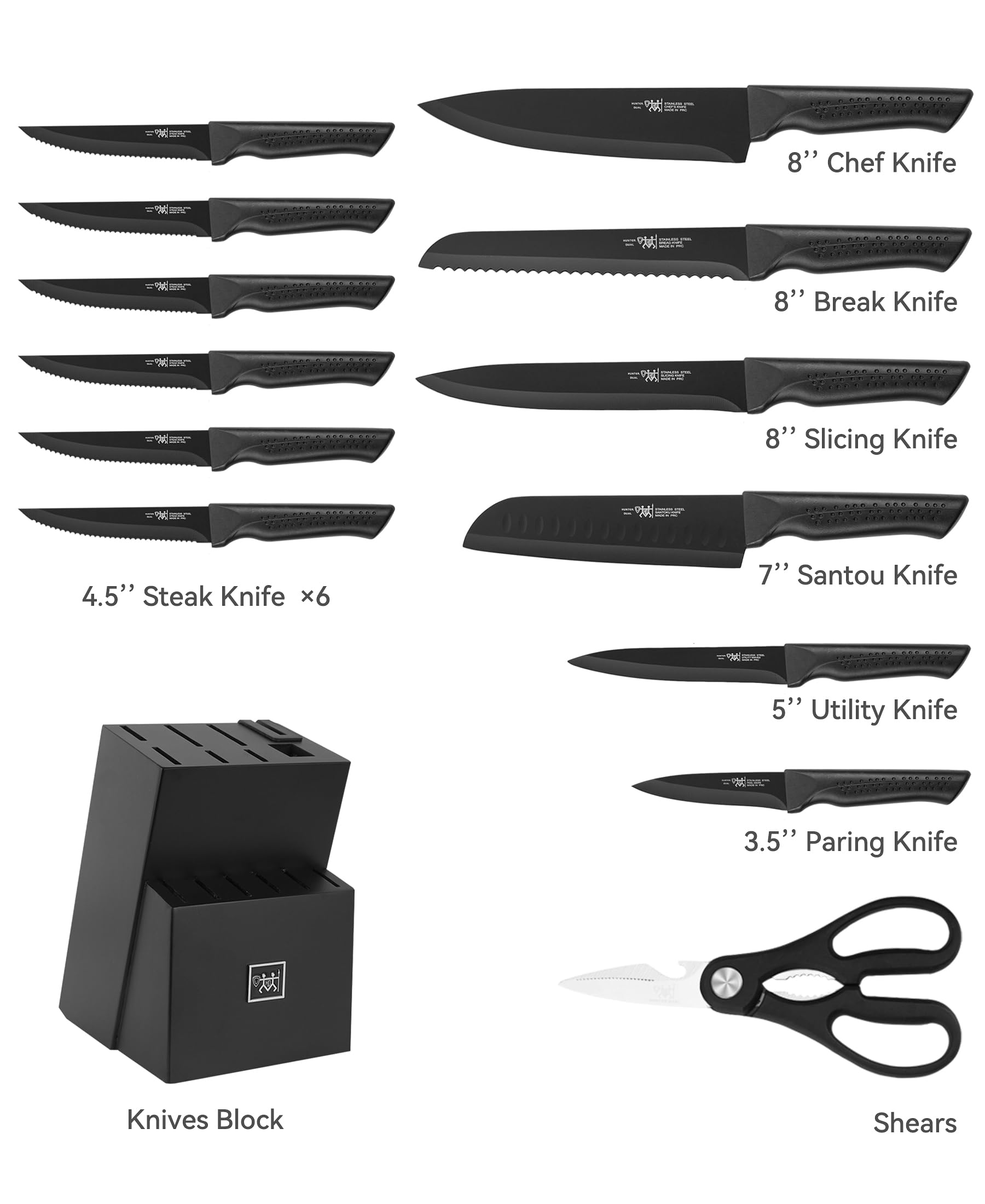 Hundop knife set, 15 Pcs Black knife sets for kitchen with block Self Sharpening, Dishwasher Safe, 6 Steak Knives, Anti-slip handle