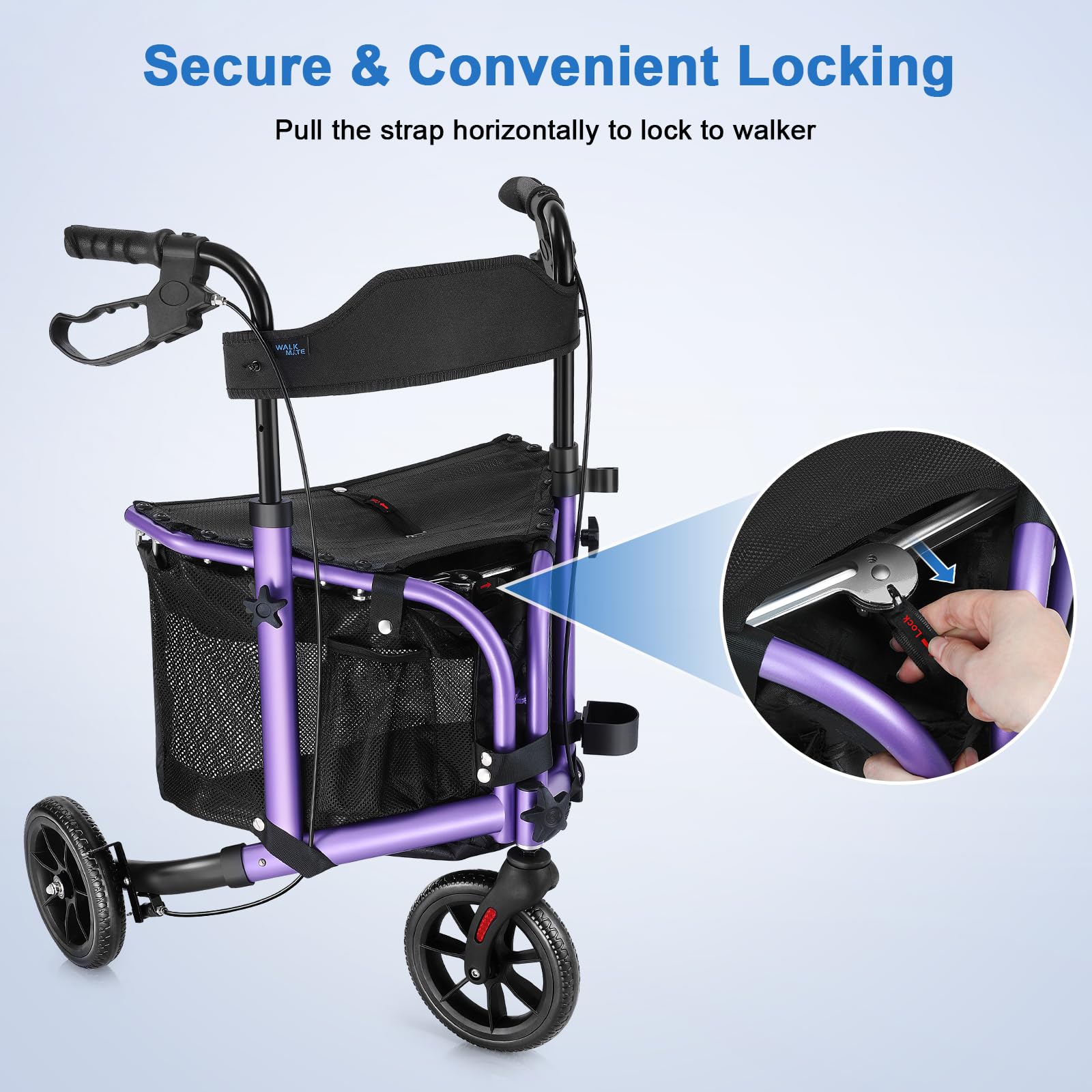 WALK MATE 3 Wheel Rollator Walker with Seat for Slim Seniors, Padded Backrest Lightweight Foldable Travel Walker Ideal for Elderly, 8 Inch Tri-Wheel Modern Mobility Walking Aid Aluminum, Purple