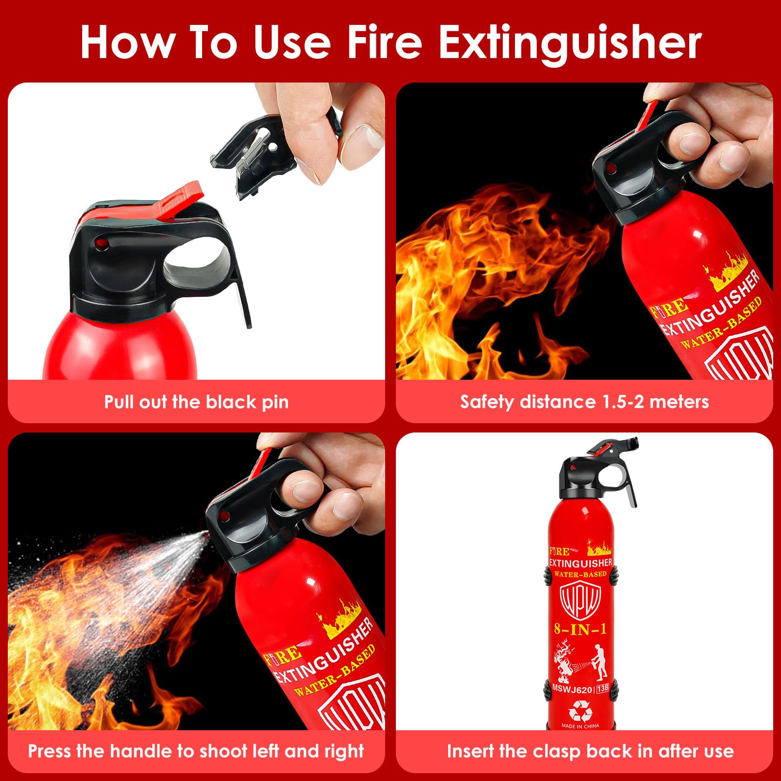 WPW Upgraded 8-in-1 Fire Extinguisher for Home with Wall Mount 620ml Portable Fire Extinguisher For Vehicle Car Boat House Kitchen Emergency Supplies, Water-Based Solution For A, B, C, K Fire (4 Pack)