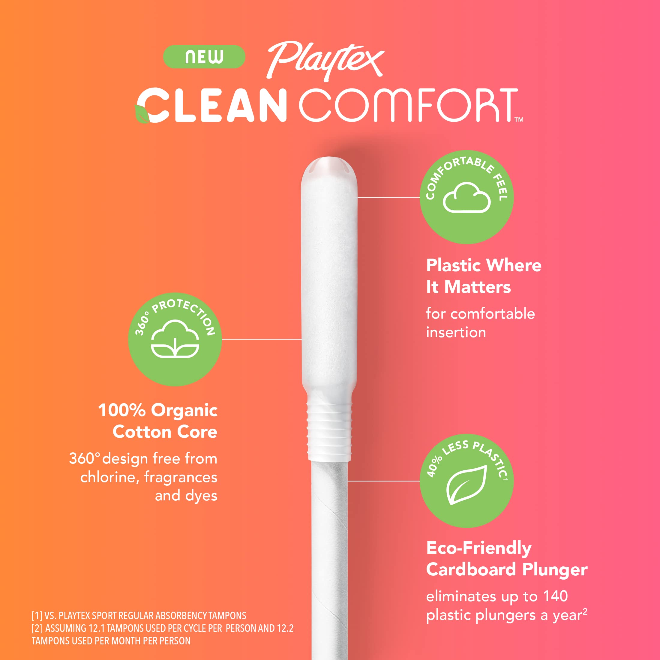 Playtex Clean Comfort Organic Cotton Tampons, Multipack (14ct Regular/14ct Super Absorbency), Fragrance-Free, Organic Cotton - 28ct