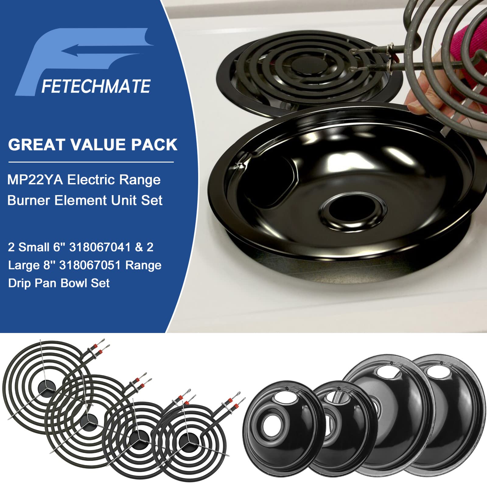 5304430149 5304430150 Porcelain Black Drip Pans Set & MP22YA Electric Range Burner Element Unit Set Compatible with Frigi-daire Ken-more Range Oven/Stove Replaces 318067041 318067051 by Fetechmate