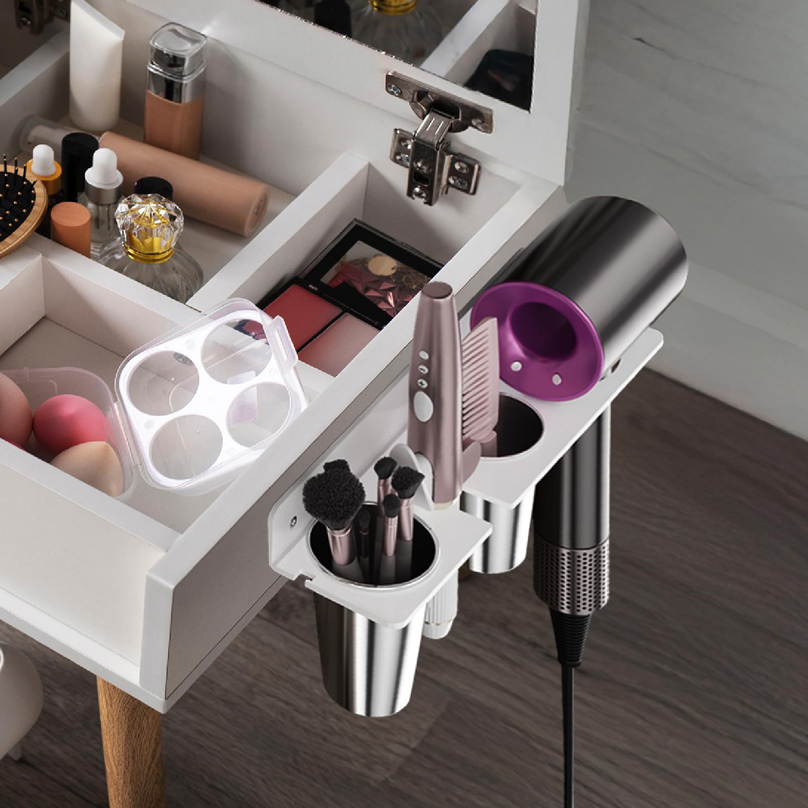 HIIMIEI Hair Tool Organizer Wall Mount, White Acrylic Hot Tool Holder with 2Cups, Bathroom Hair Styling Accessories Storage Organizer for Flat Iron, Blow Dryer, Curling Wand