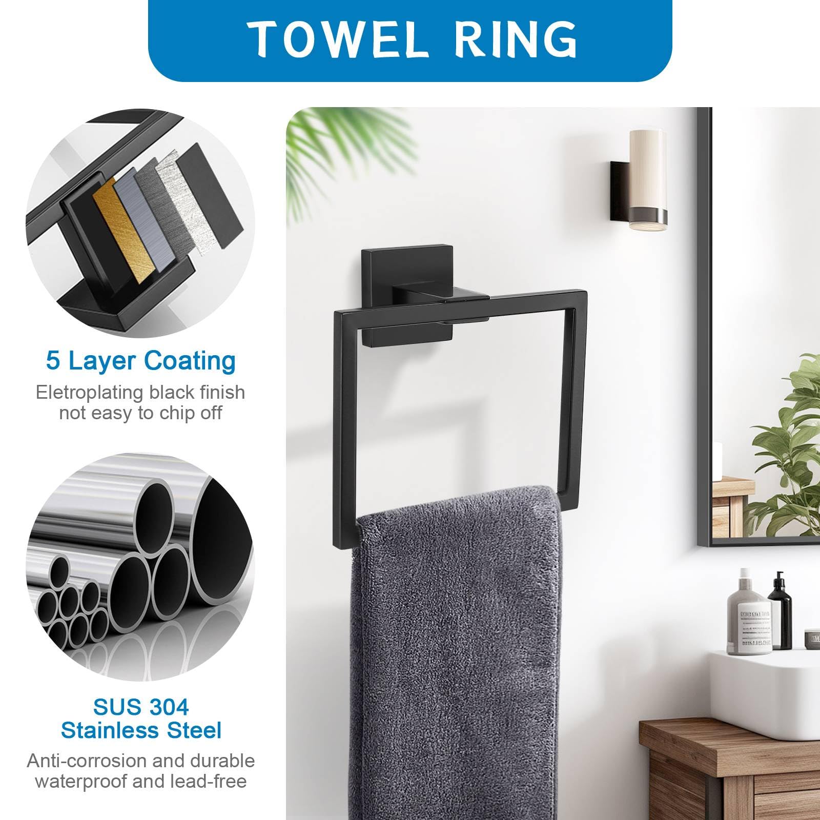 5 Pieces Bathroom Hardware Accessories Set Black Towel Bar Set Towel Holder Racks Set for Bathroom,SUS304 Stainless Steel,Wall Mounted 23.6-Inch