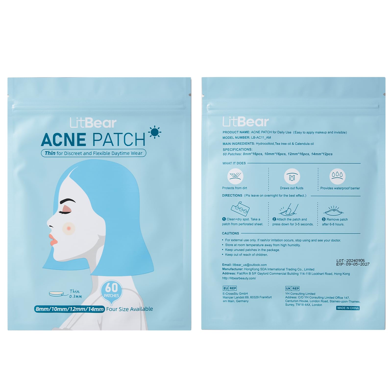 LitBear Acne Pimple Patches- Day and Night 4 Sizes 180 Dots Thin & Thick Hydrocolloid Patches with Witch Hazel, Tea Tree & Calendula Oil, Extra Adhesion for Face Zit Patch Dots