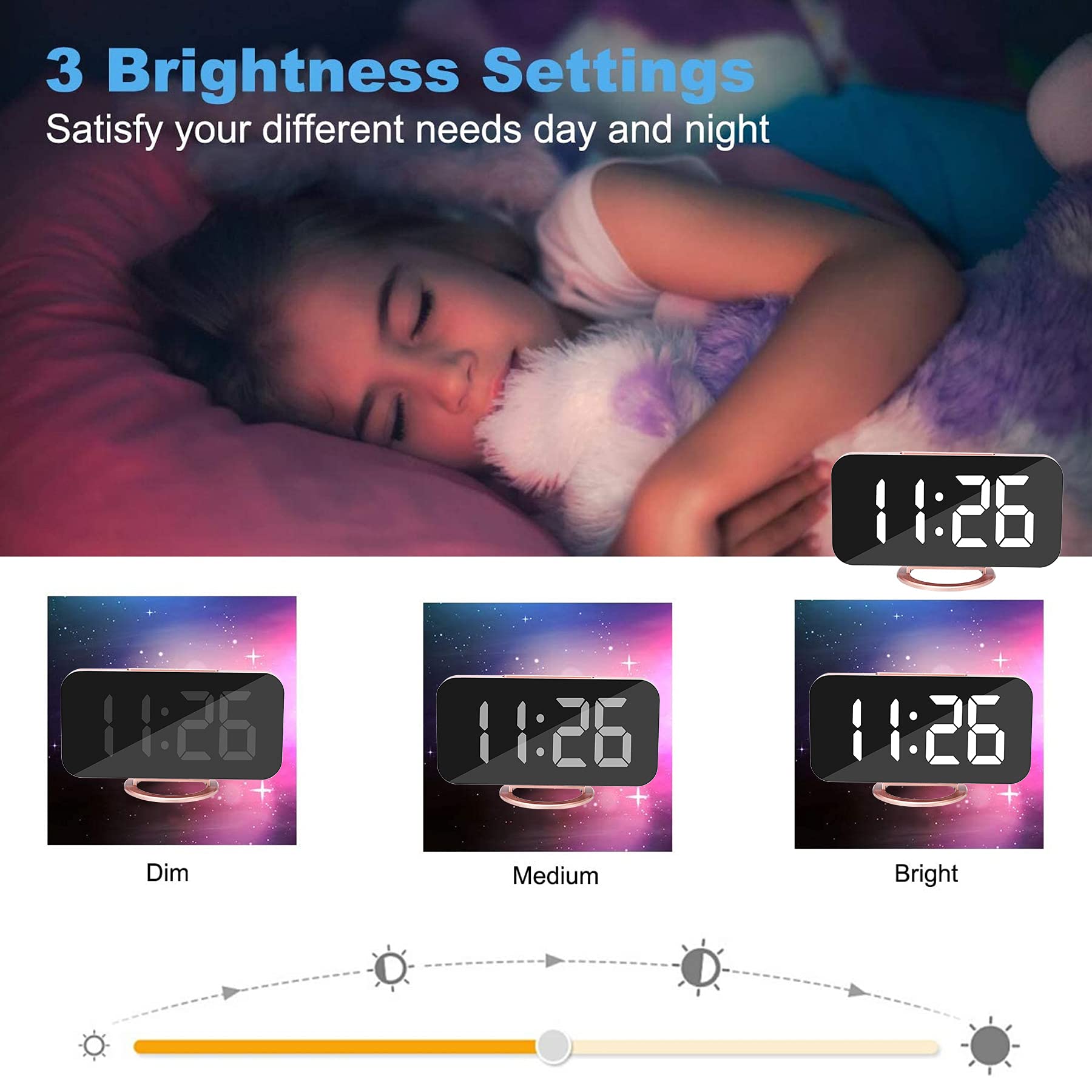 SZELAM Alarm Clock for Bedroom,LED and Mirror Digital Clock Large Display,with Dual USB Charger Ports,Auto Dim,Snooze Mode,Modern Desk/Wall Electronic Clock for Girl Woman Mom Teens - Rose Gold