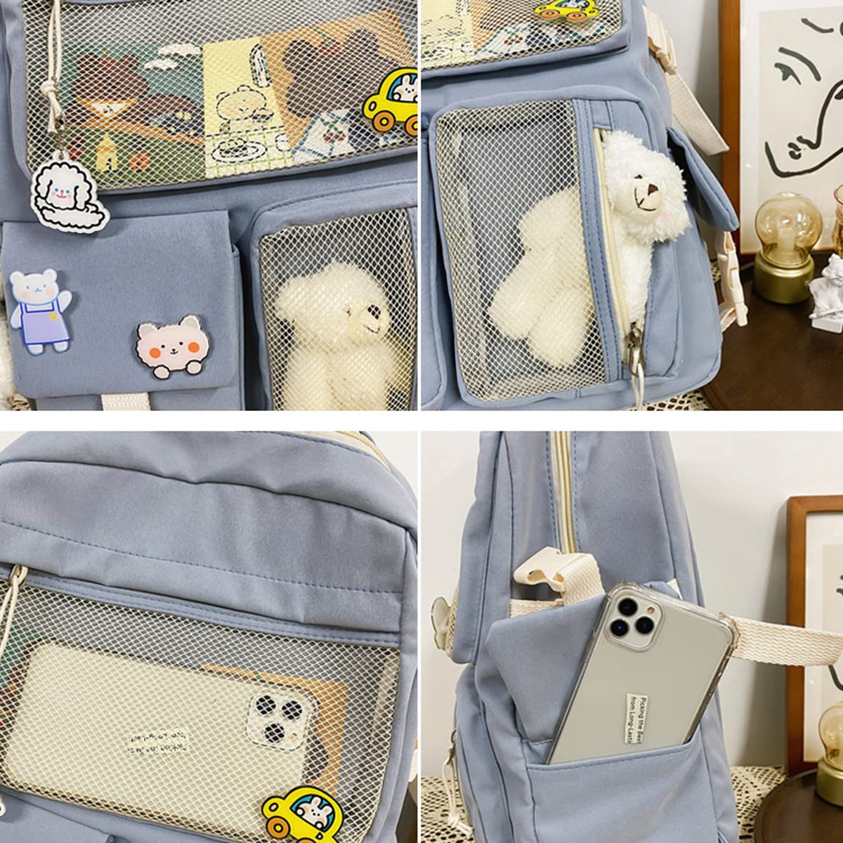 Eagerrich Cute Backpack with Cute Pin Accessories Plush Pendant for School Bag Student Girl Backpack Super-Capacity Waterproof Travel Backpack(Blue)