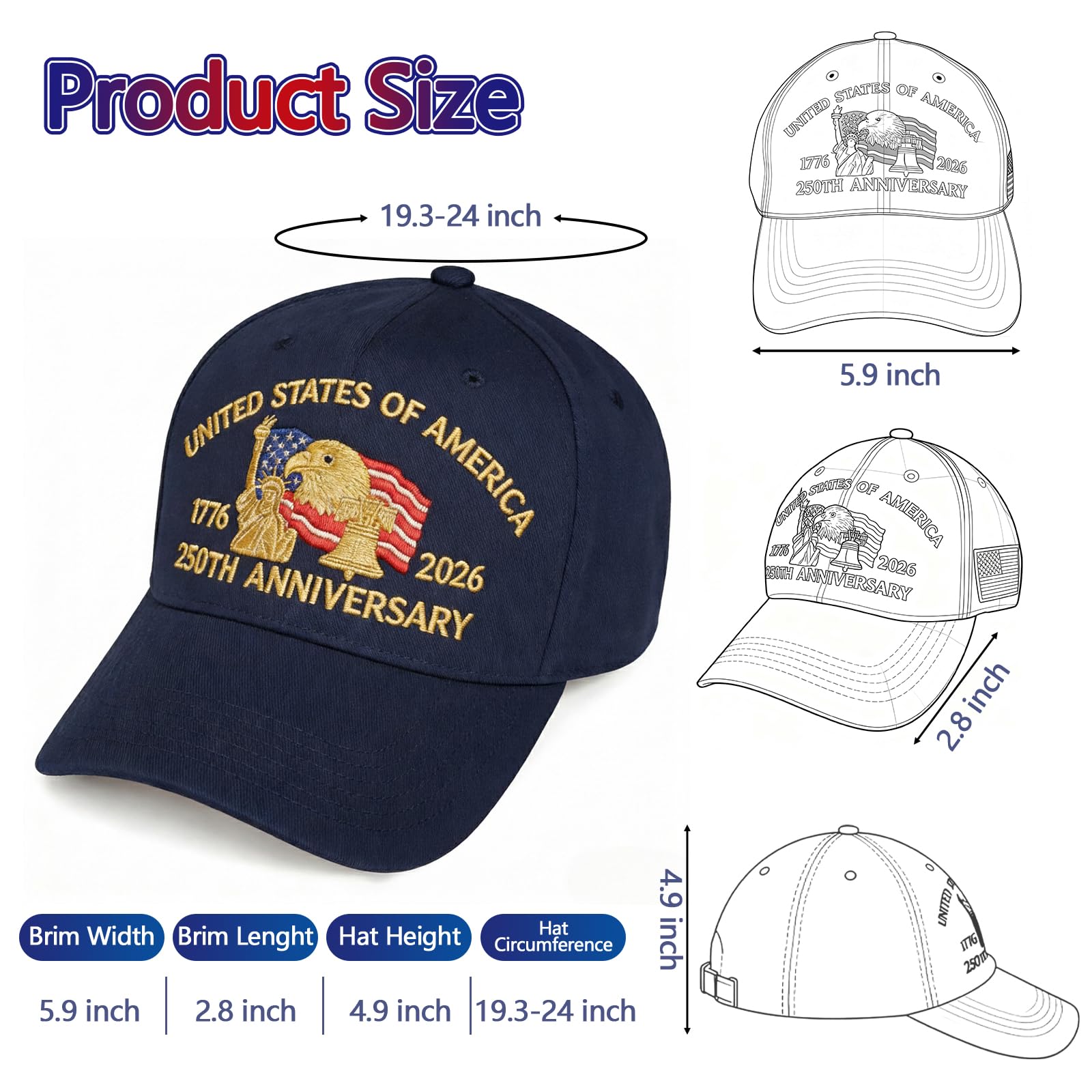 Embroidered United States 250th Anniversary Hat - 250 Years Anniversary USA Trucker Hat for Men Women, Adjustable Patriotic Baseball Cap (A-Navy Blue)